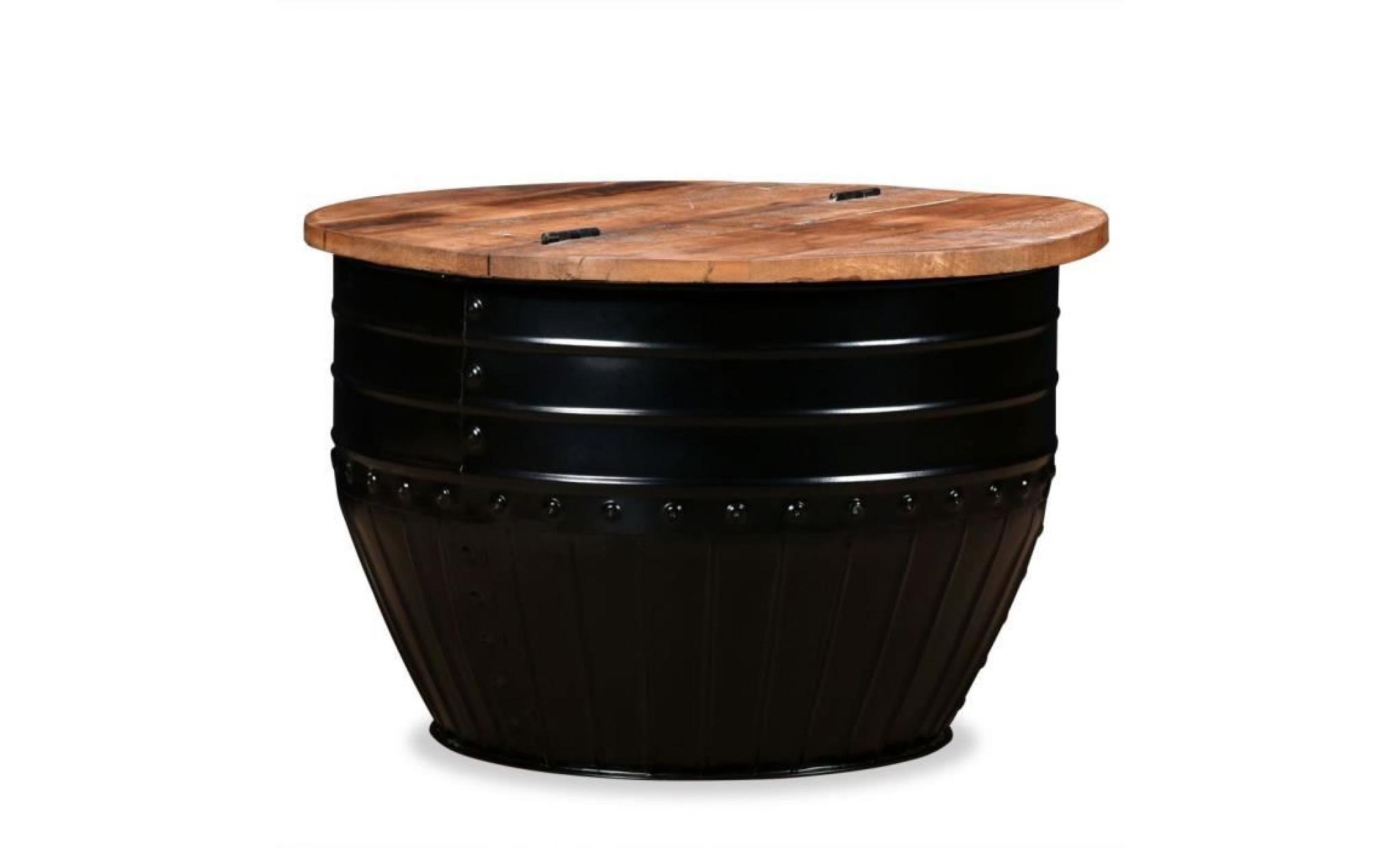 table basse bois de récupération massif forme de baril noir