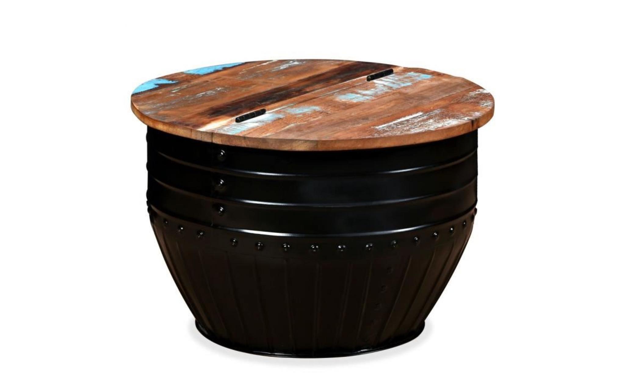 table basse bois de récupération massif forme de baril noir pas cher