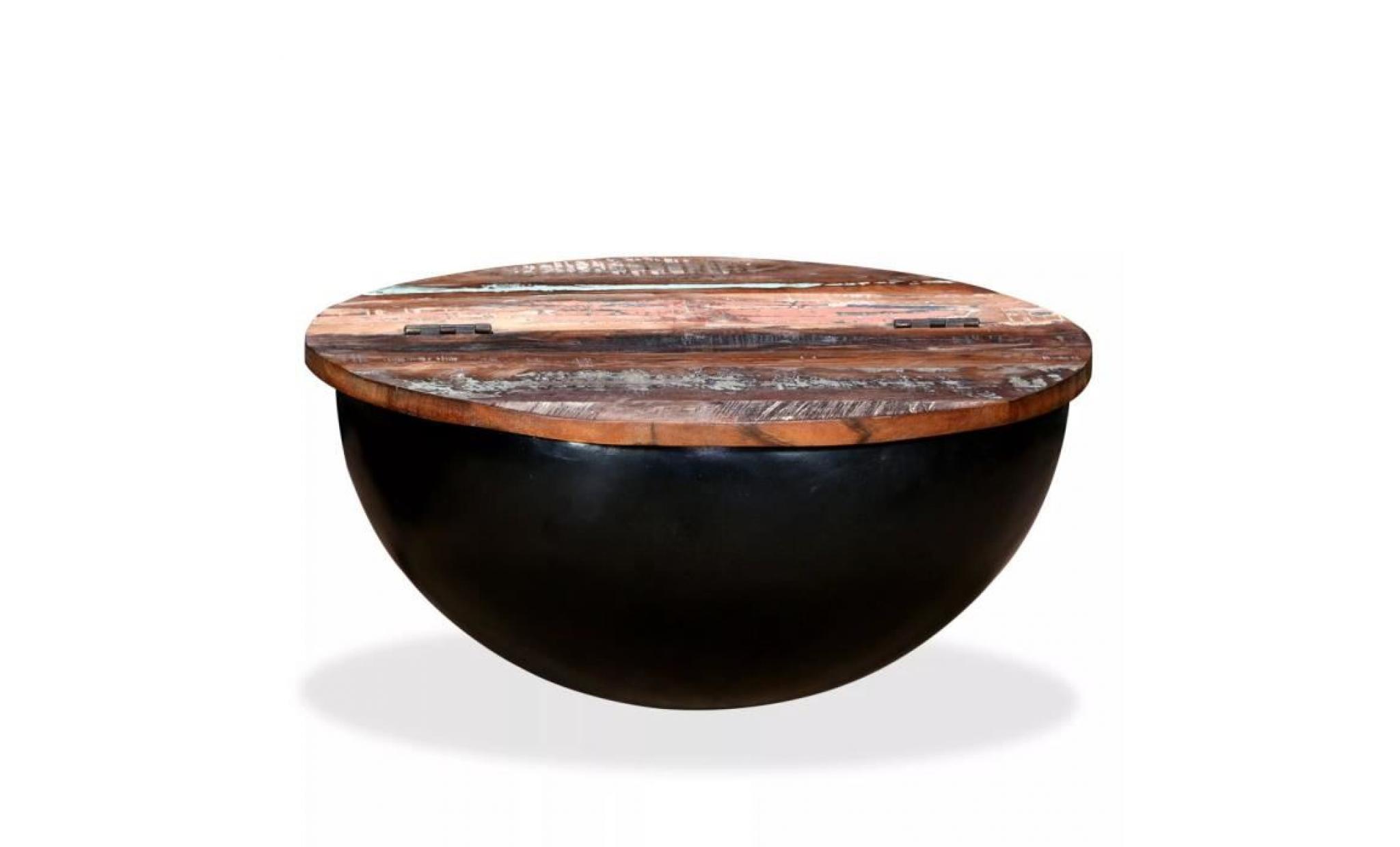 table basse bois de récupération massif noir forme de bol