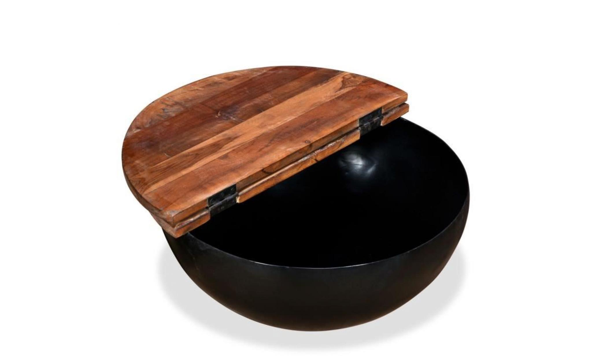 table basse bois de récupération massif noir forme de bol pas cher