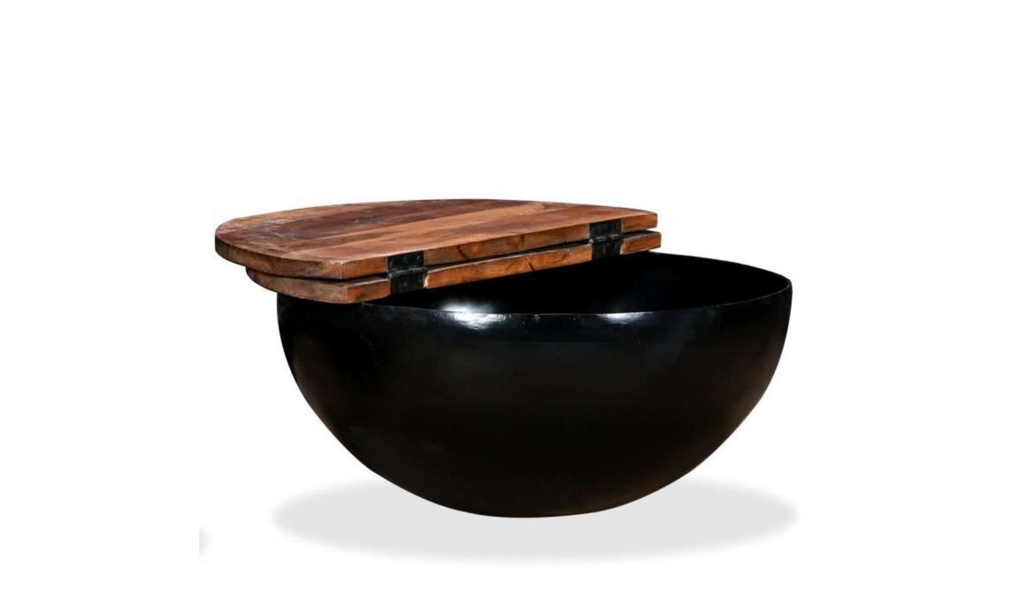 table basse bois de récupération massif noir forme de bol pas cher