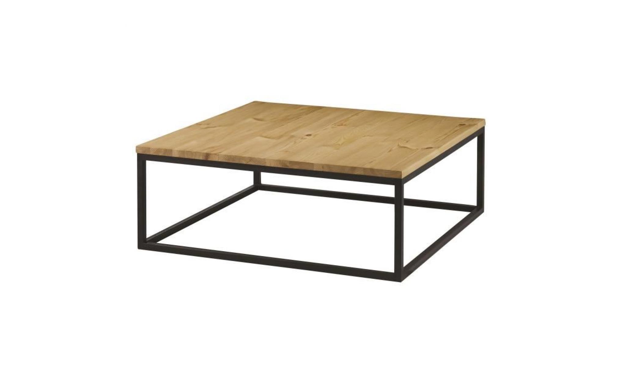 table basse carrée style contemporain en bois pin massif ciré brossé et métal   l 100 x l 100 cm