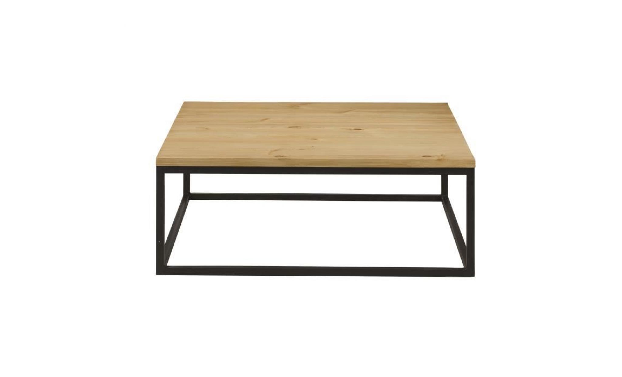 table basse carrée style contemporain en bois pin massif ciré brossé et métal   l 100 x l 100 cm pas cher
