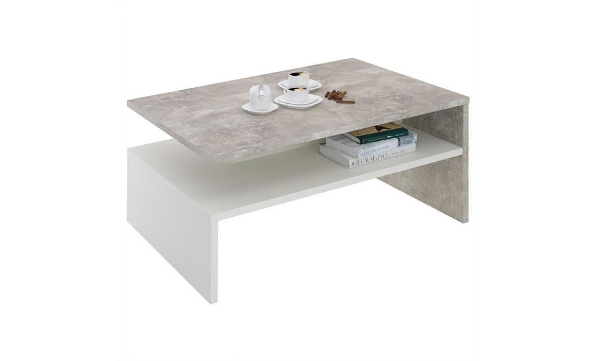 table basse de salon adelaide rectangulaire avec rangement mélaminé décor béton et blanc mat
