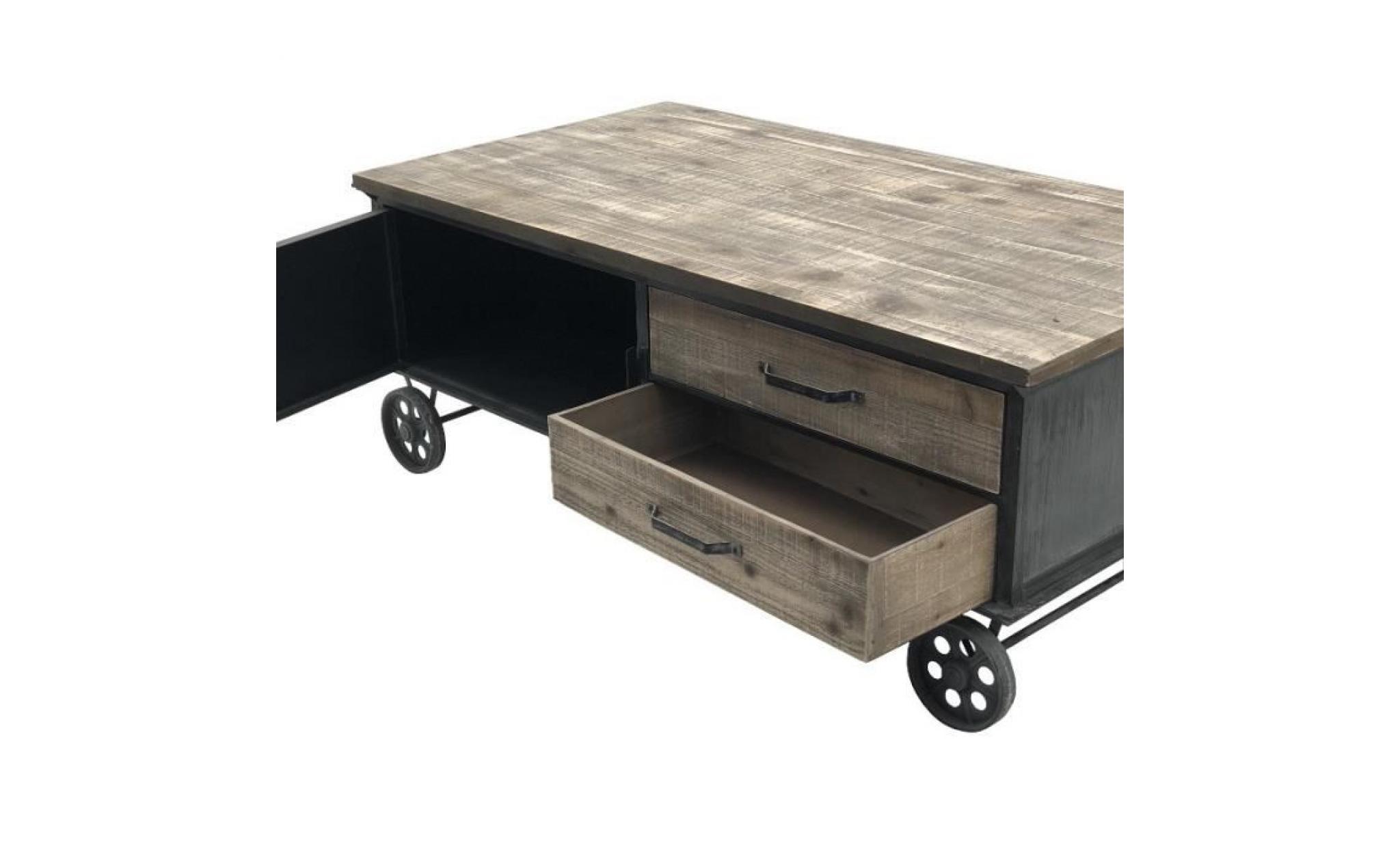 table basse en fer bois sur roulettes industriel 100 cm x 60 cm   14006 table pas cher