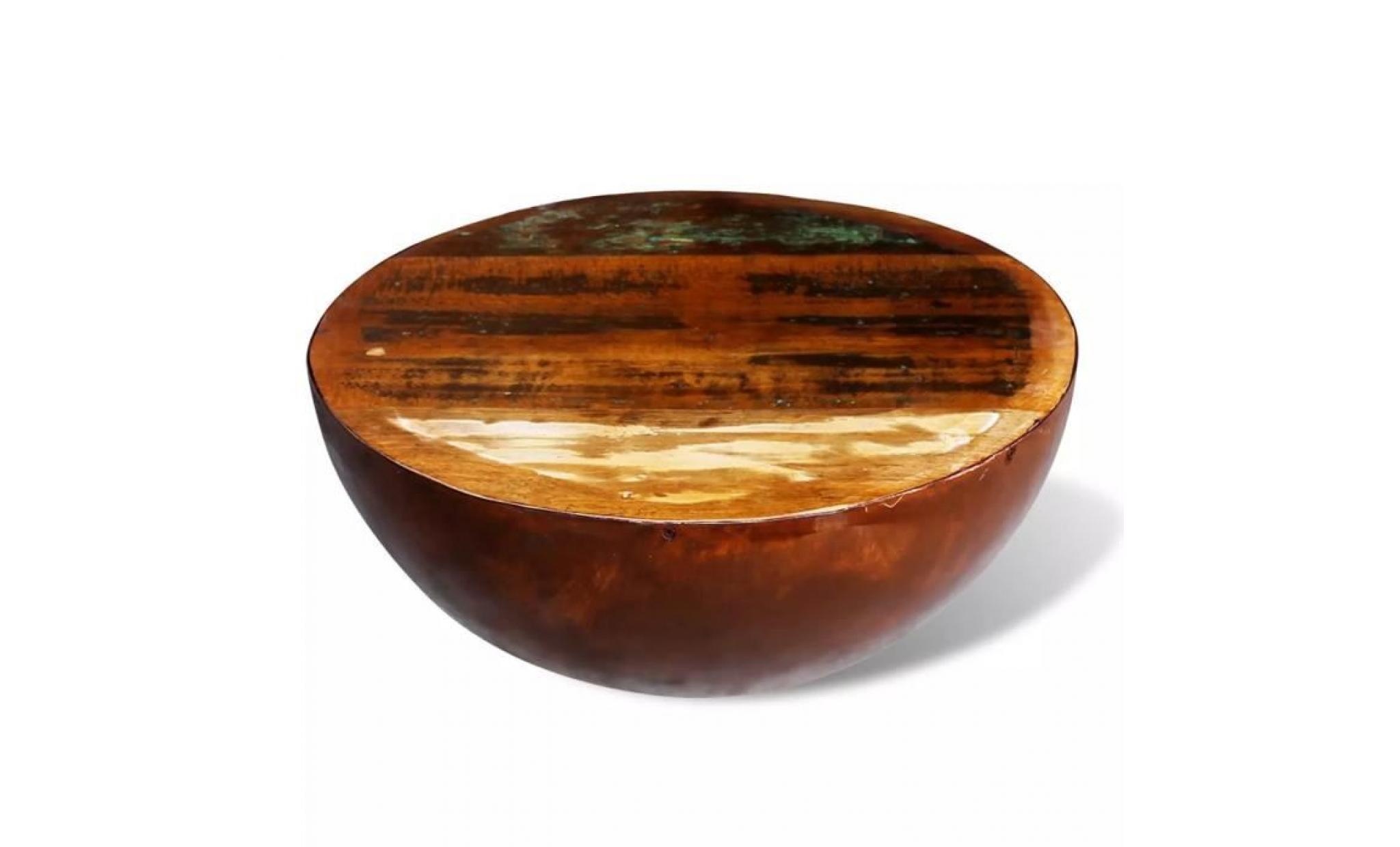 table basse forme de bol avec base en acier bois recyclé