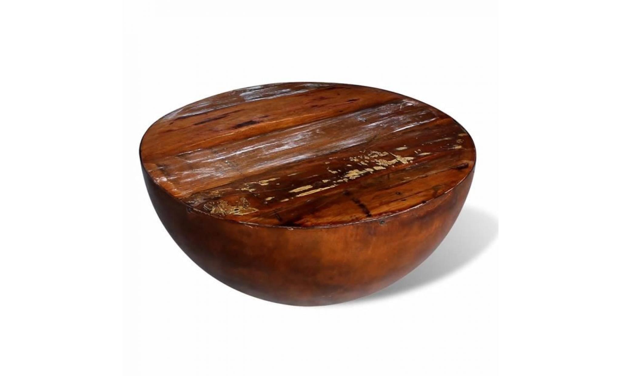 table basse forme de bol avec base en acier bois recyclé pas cher