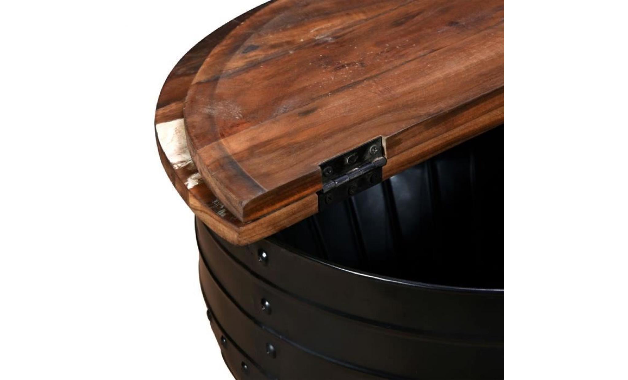 table basse industrielle en bois de récupération massif forme de baril pas cher