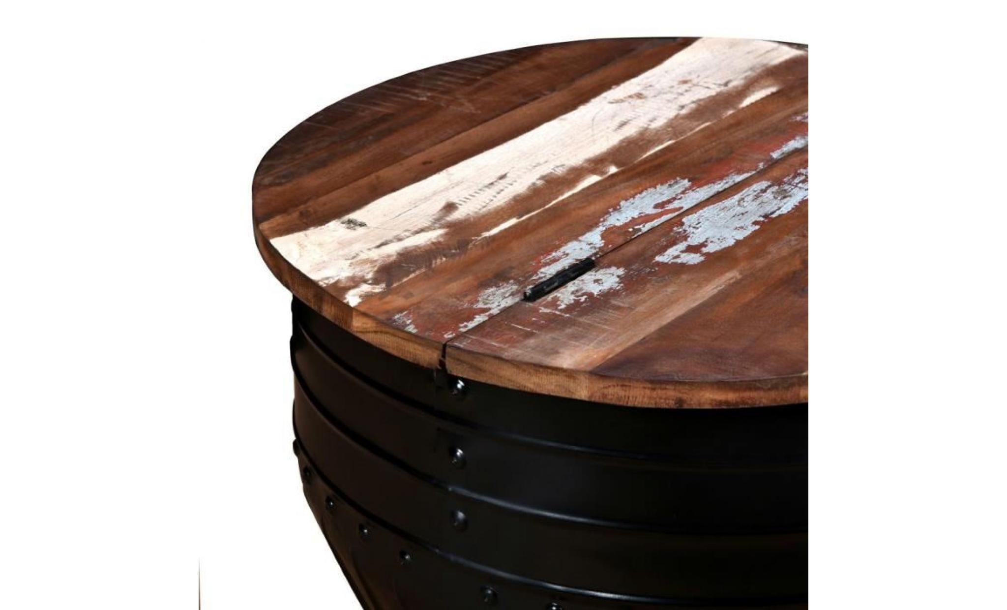 table basse industrielle en bois de récupération massif forme de baril pas cher