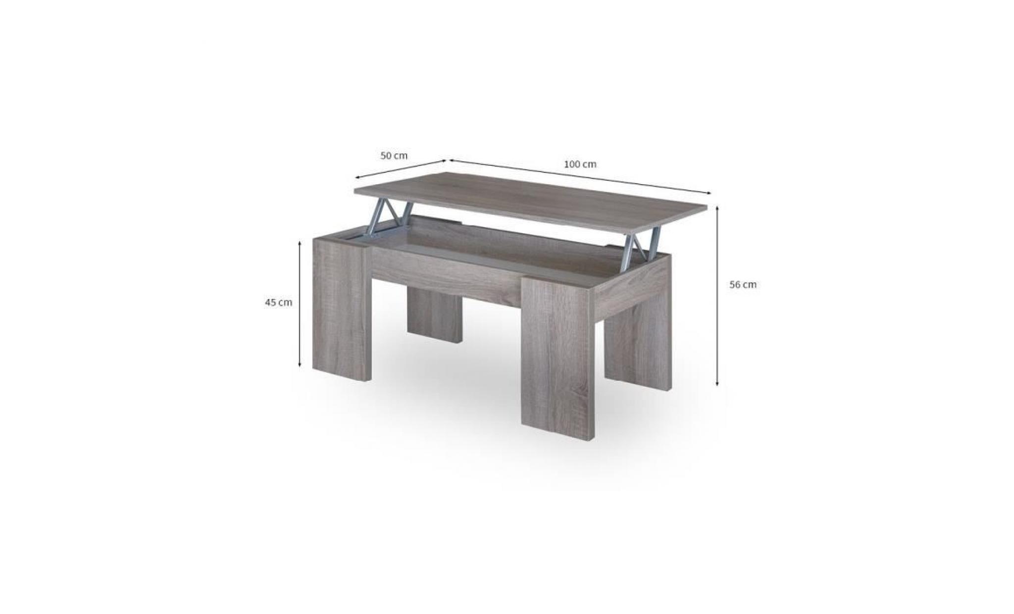 table basse chêne foncé l100 x l50 cm plateau relevable avec rangement gotham pas cher
