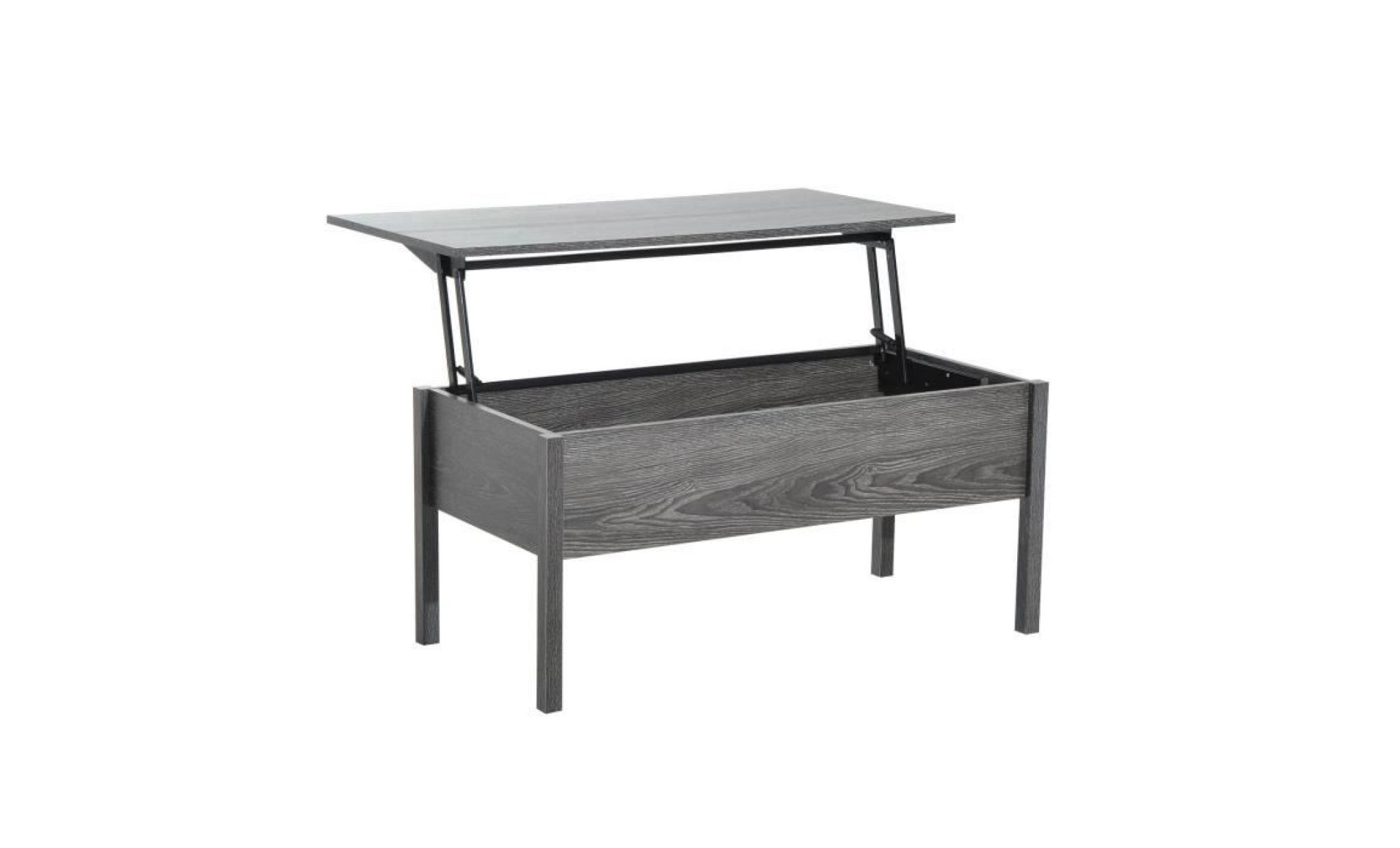 table basse plateau revelable 98l x 48l x 45h cm coffre interne rangement panneaux de particules mélaminé veinage bois gris