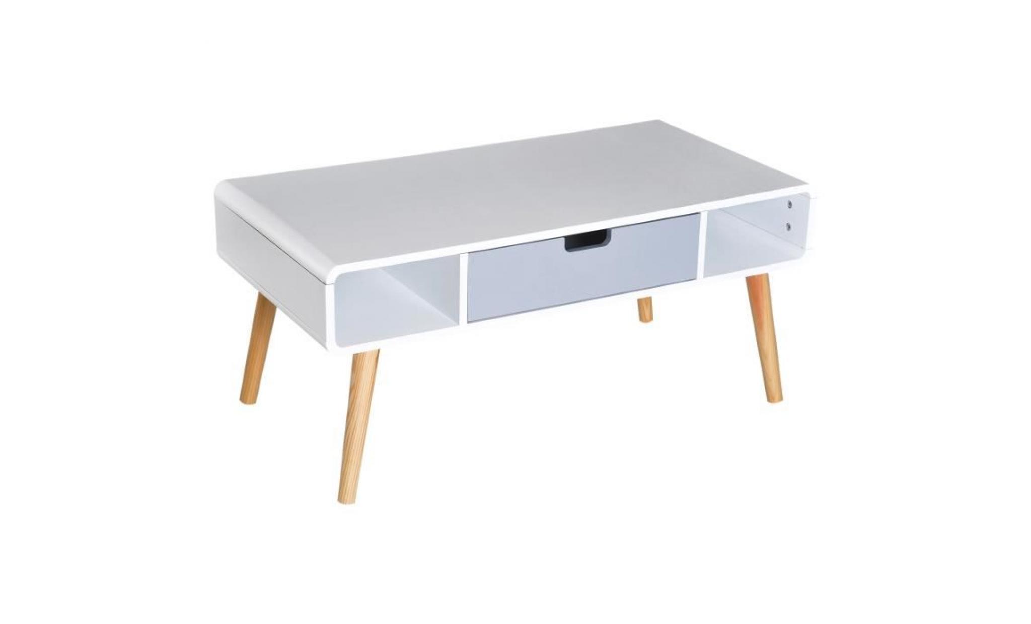 table basse rectangulaire design scandinave 100l x 50l x 45h cm 2 niches + tiroir bois massif pin mdf blanc bleu gris 100x50x45cm