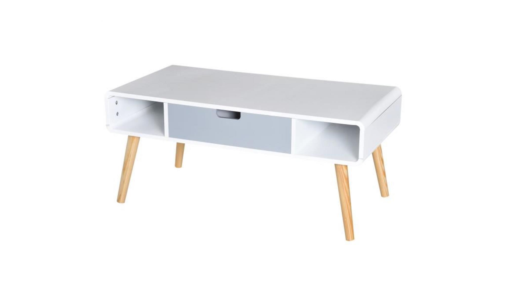 table basse rectangulaire design scandinave 100l x 50l x 45h cm 2 niches + tiroir bois massif pin mdf blanc bleu gris 100x50x45cm pas cher
