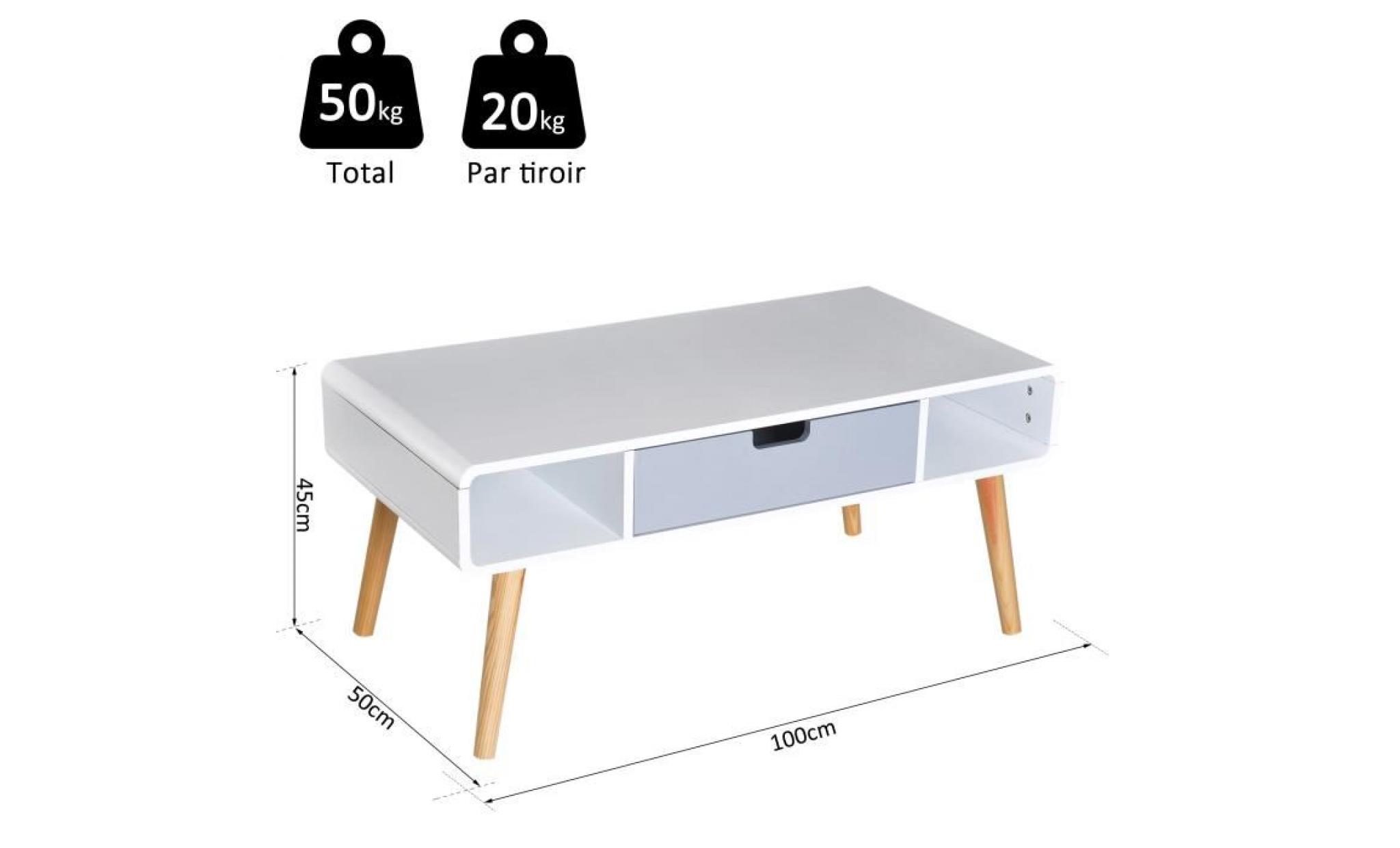 table basse rectangulaire design scandinave 100l x 50l x 45h cm 2 niches + tiroir bois massif pin mdf blanc bleu gris 100x50x45cm pas cher
