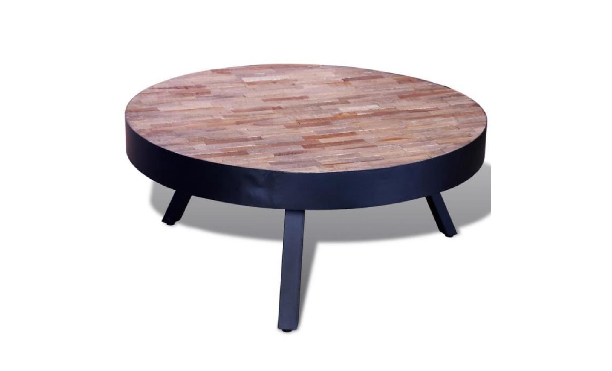 table basse ronde en bois teck recyclé avec 3 pieds en métal style vintage table d'appoint artisanat