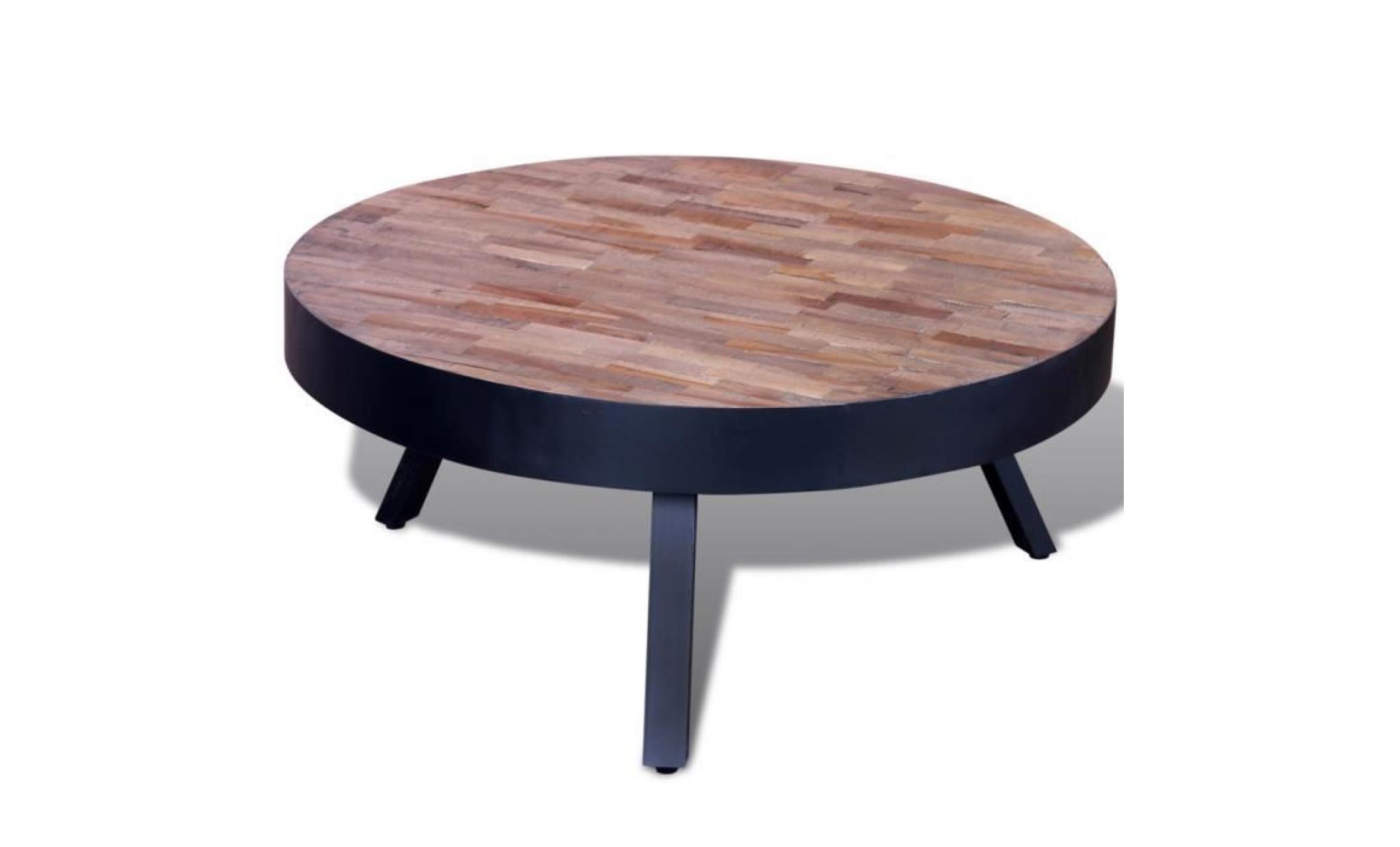 table basse ronde en bois teck recyclé avec 3 pieds en métal style vintage table d'appoint artisanat pas cher