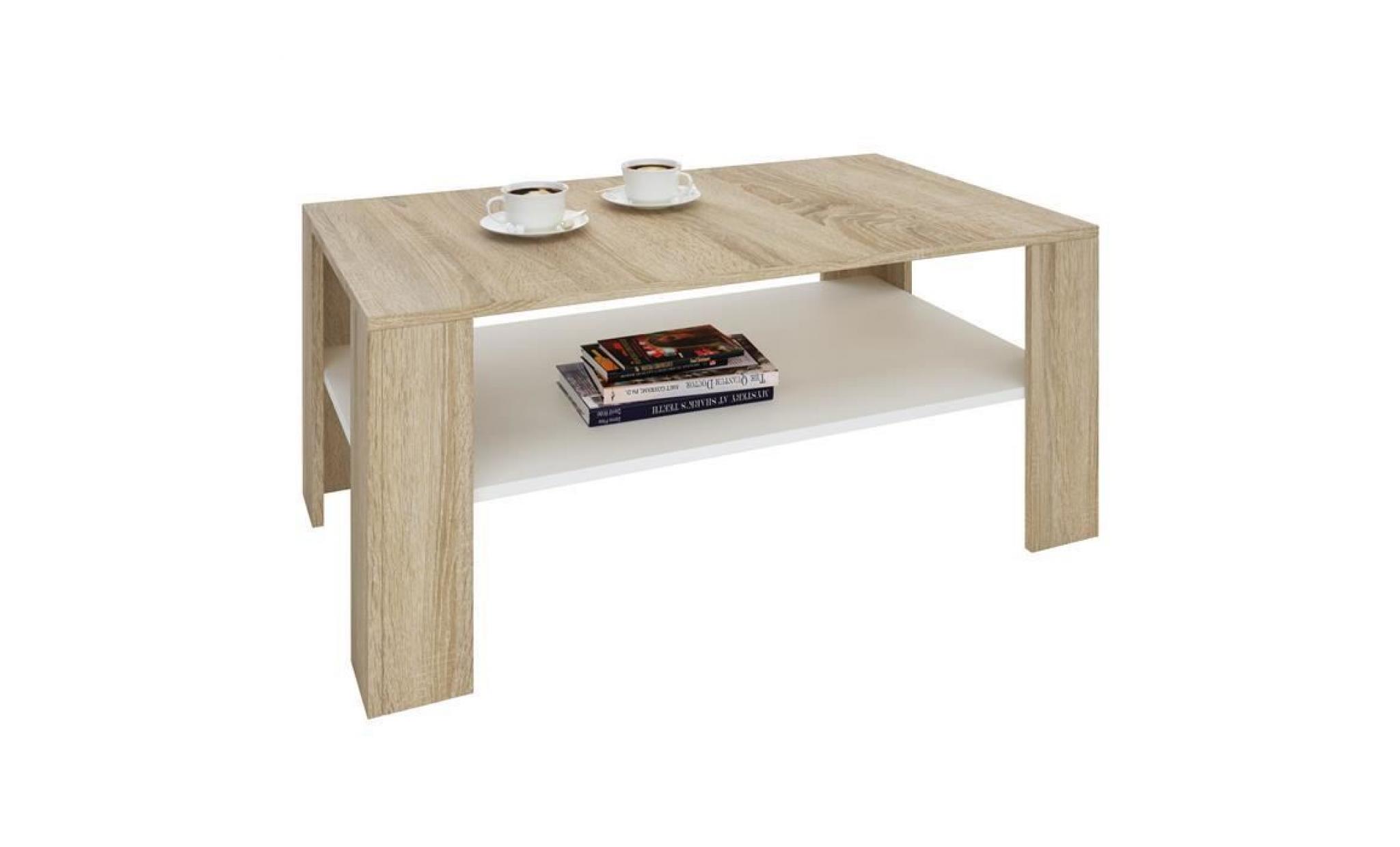 table basse de salon lorient rectangulaire avec tablette mélaminé décor chêne sonoma et blanc mat