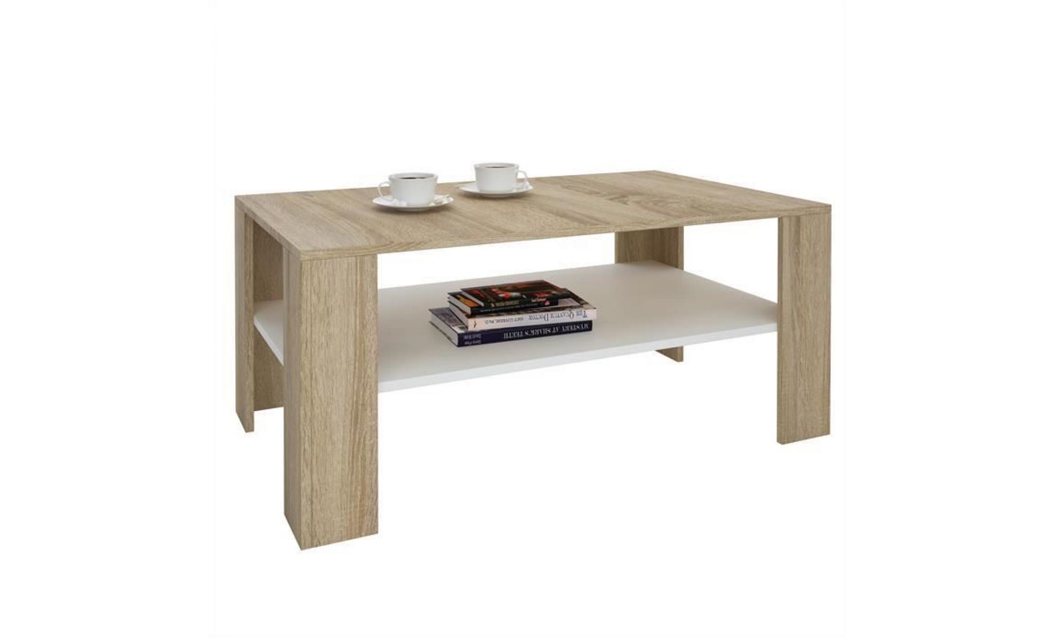 table basse de salon lorient rectangulaire avec tablette mélaminé décor chêne sonoma et blanc mat pas cher
