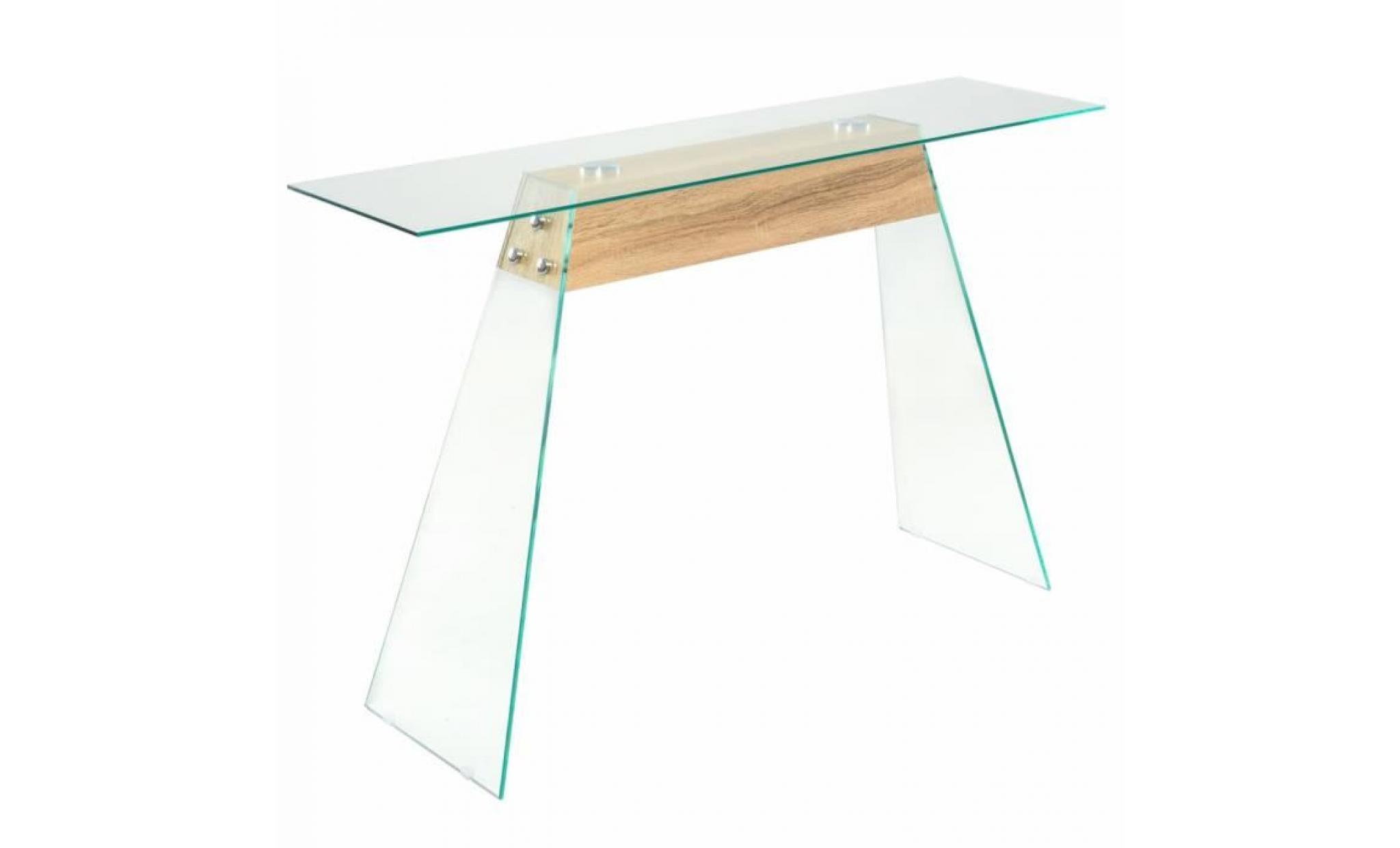 table console mdf et verre 120 x 30 x 76 cm couleur de chêne