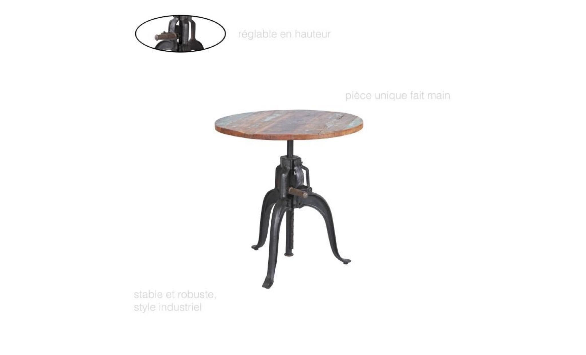 table ronde industrielle, table vintage, table ronde bois massif, table ronde fer, table ronde reglable en hauteur avec crémalliere