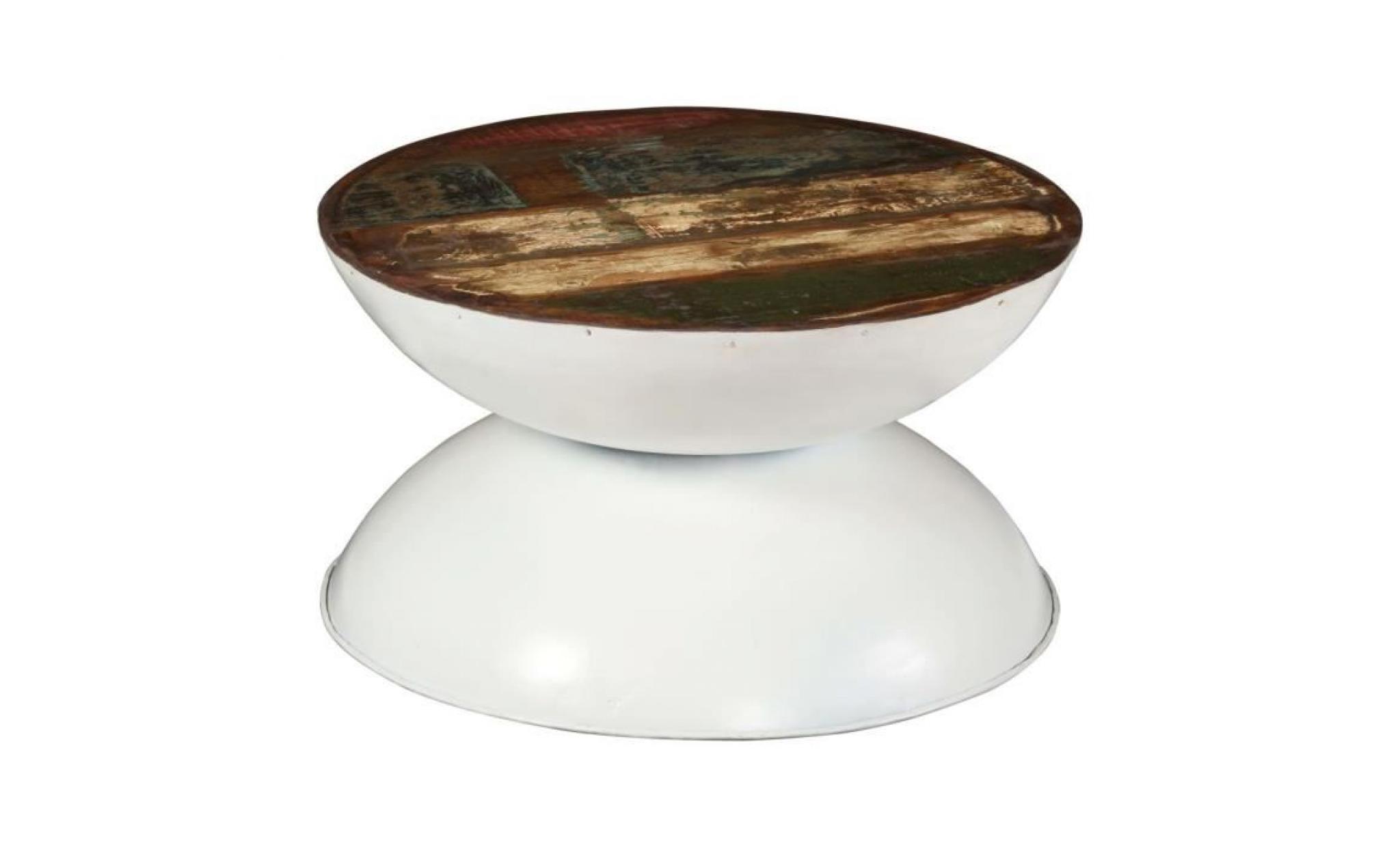 table de café table basse bois de récupération massif base blanche 60x60x33cm
