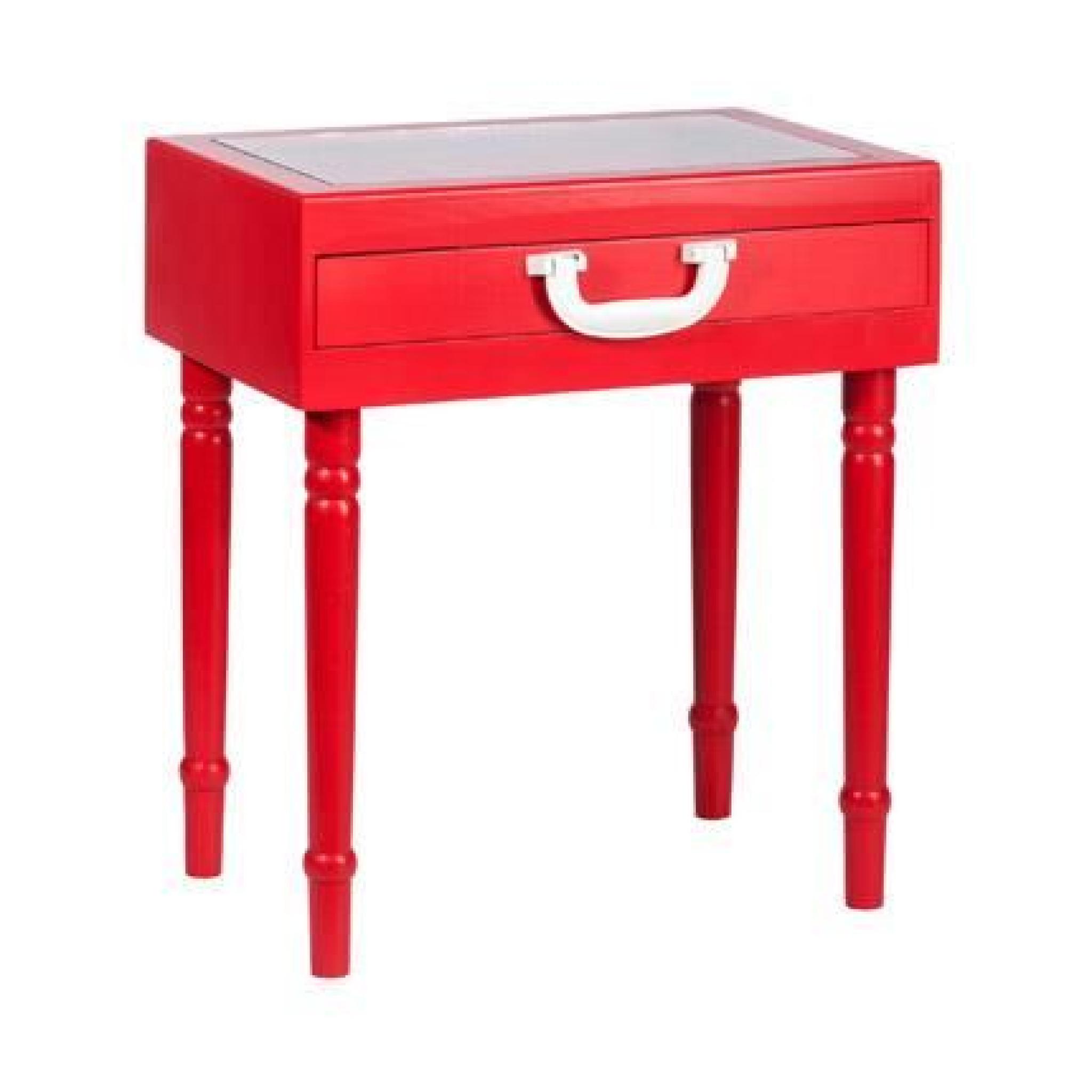 Table de chevet 1 tiroir bois et verre coloris rouge
