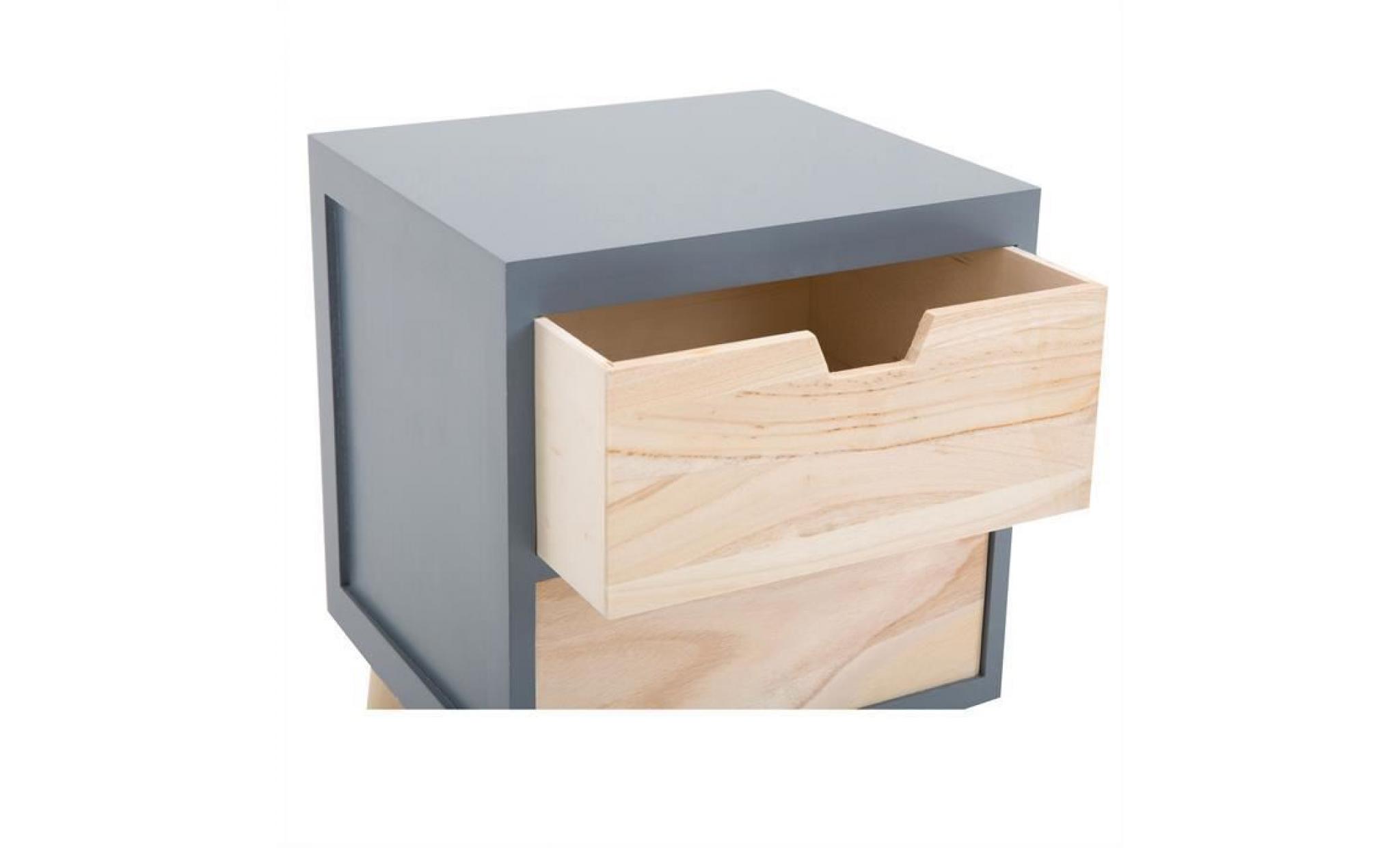 table de chevet bahia meuble de nuit avec 2 tiroirs en bois de paulownia style vintage rétro scandinave, coloris gris et bois pas cher