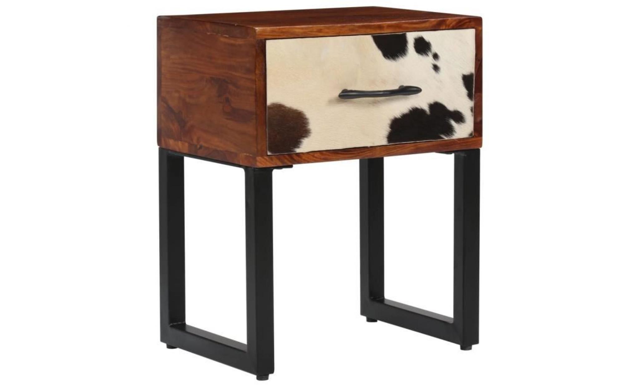 table de chevet bois de sesham et cuir véritable 40x30x50 cm