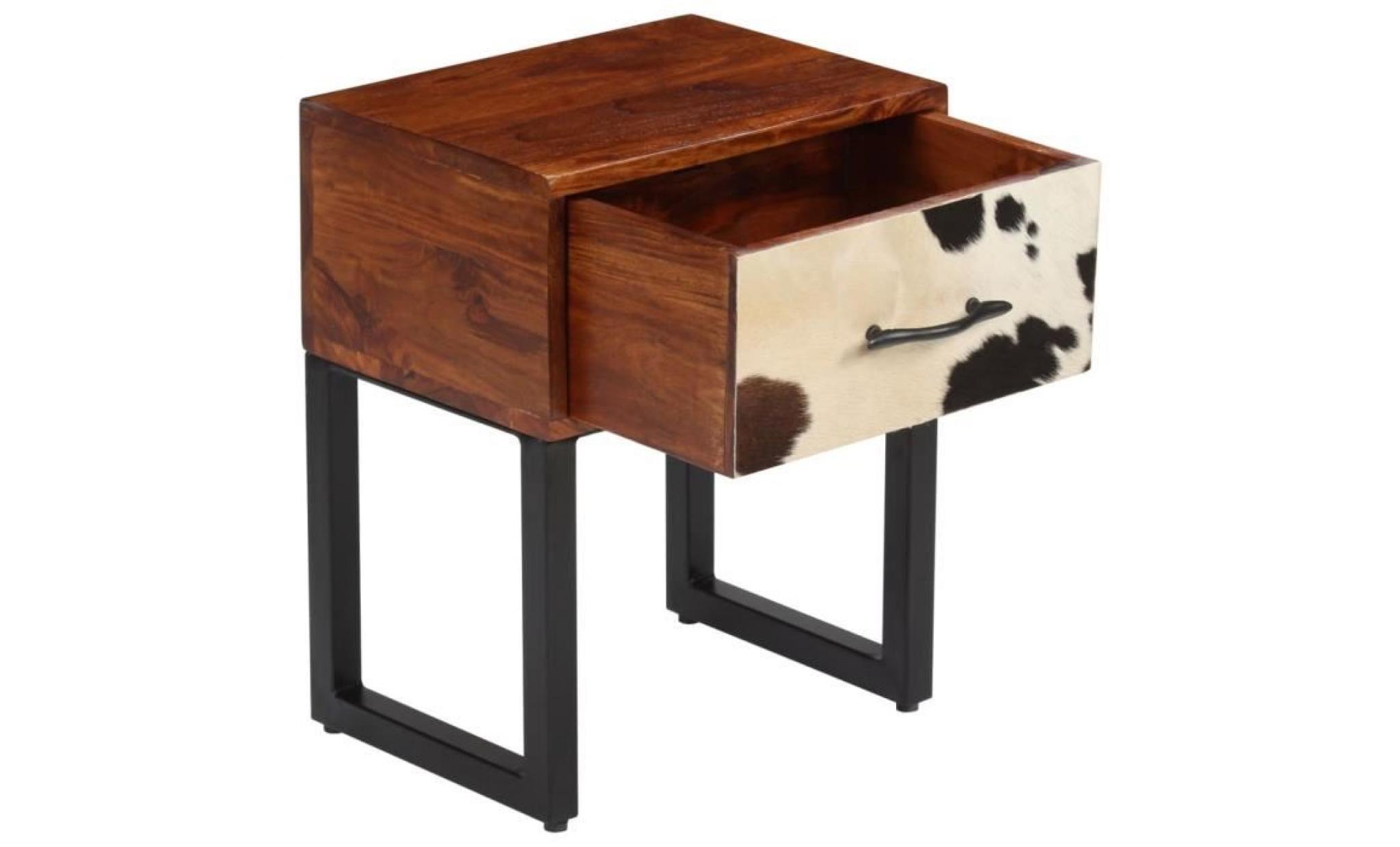 table de chevet bois de sesham et cuir véritable 40x30x50 cm pas cher