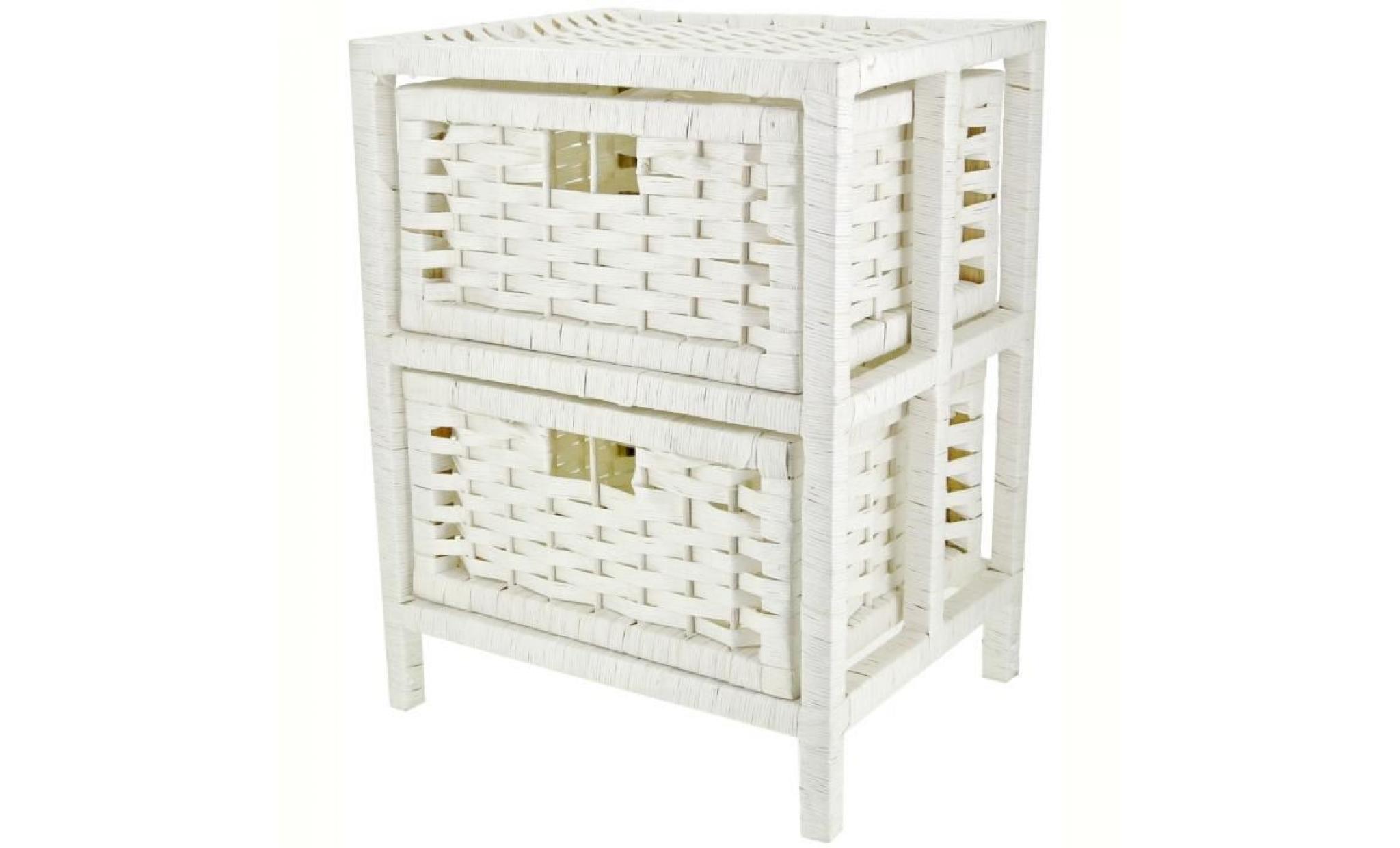 table de chevet design 2 tiroir en osier tressé blanc