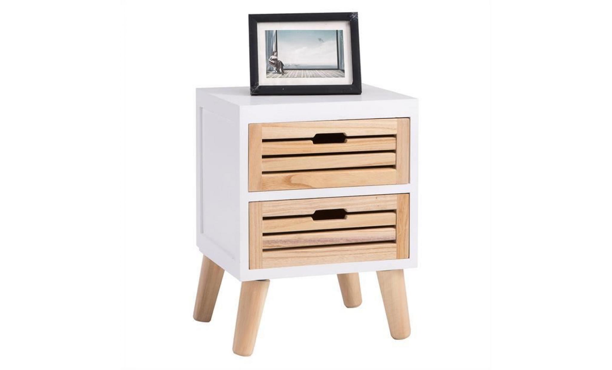 table de chevet estoril meuble de nuit avec 2 tiroirs en bois de paulownia style vintage rétro scandinave, coloris blanc et bois