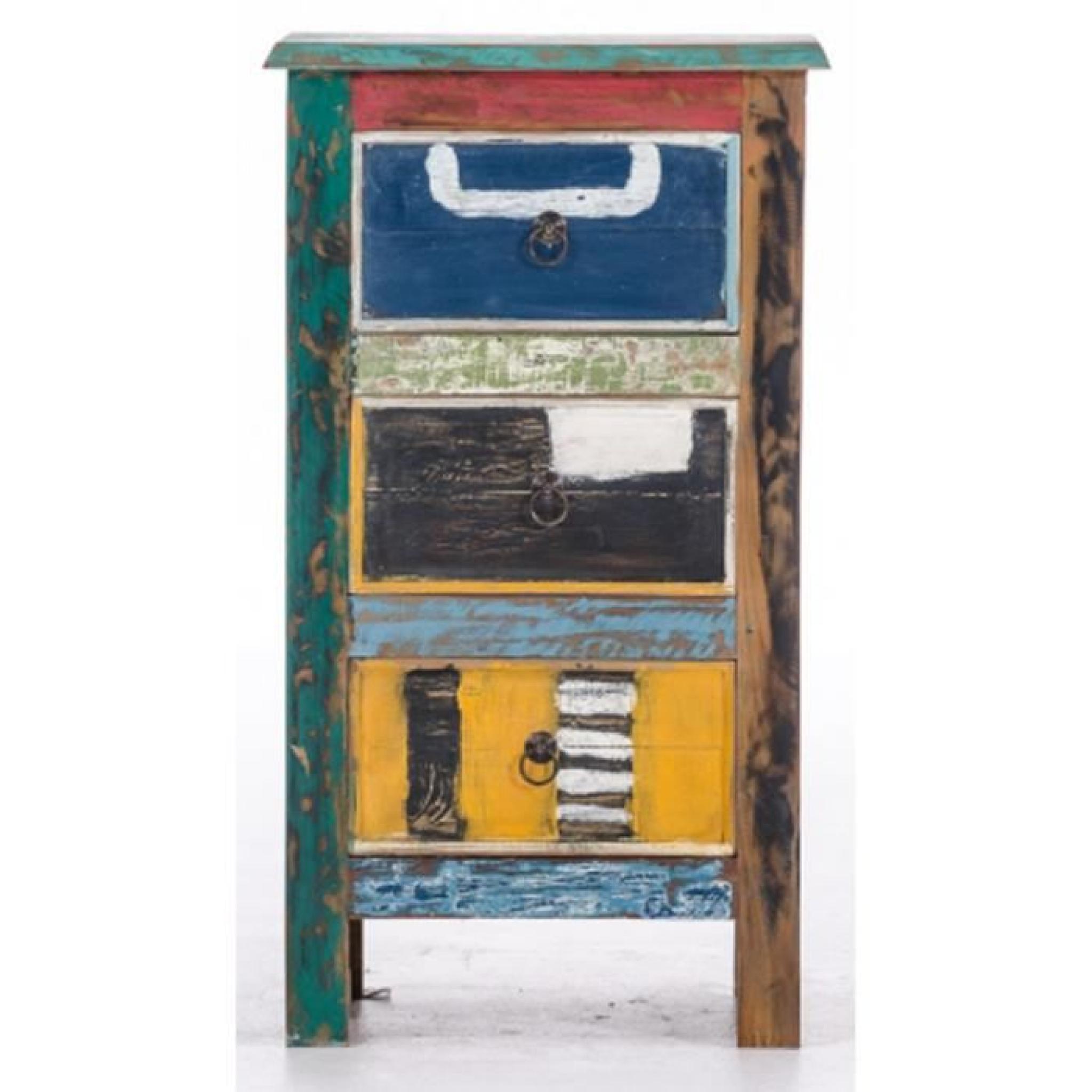 Table de chevet multicolore en teck recyclé avec 3 tiroirs  - Dim : H 81 x L 45 x P 35 cm