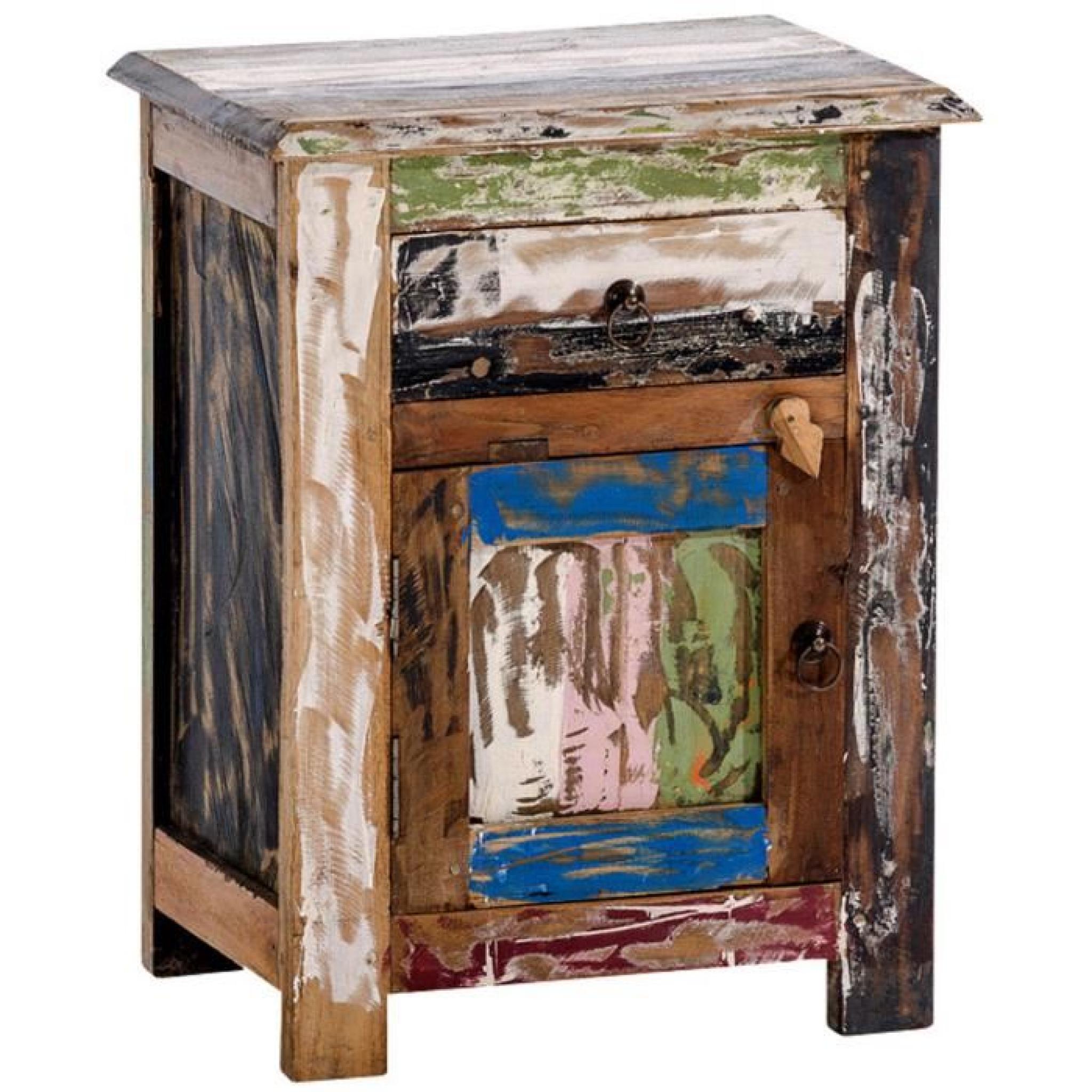 Table de chevet multicolore en teck recyclé avec un tiroir et une porte - Dim : H 58 x L 45 x P 29.5 cm
