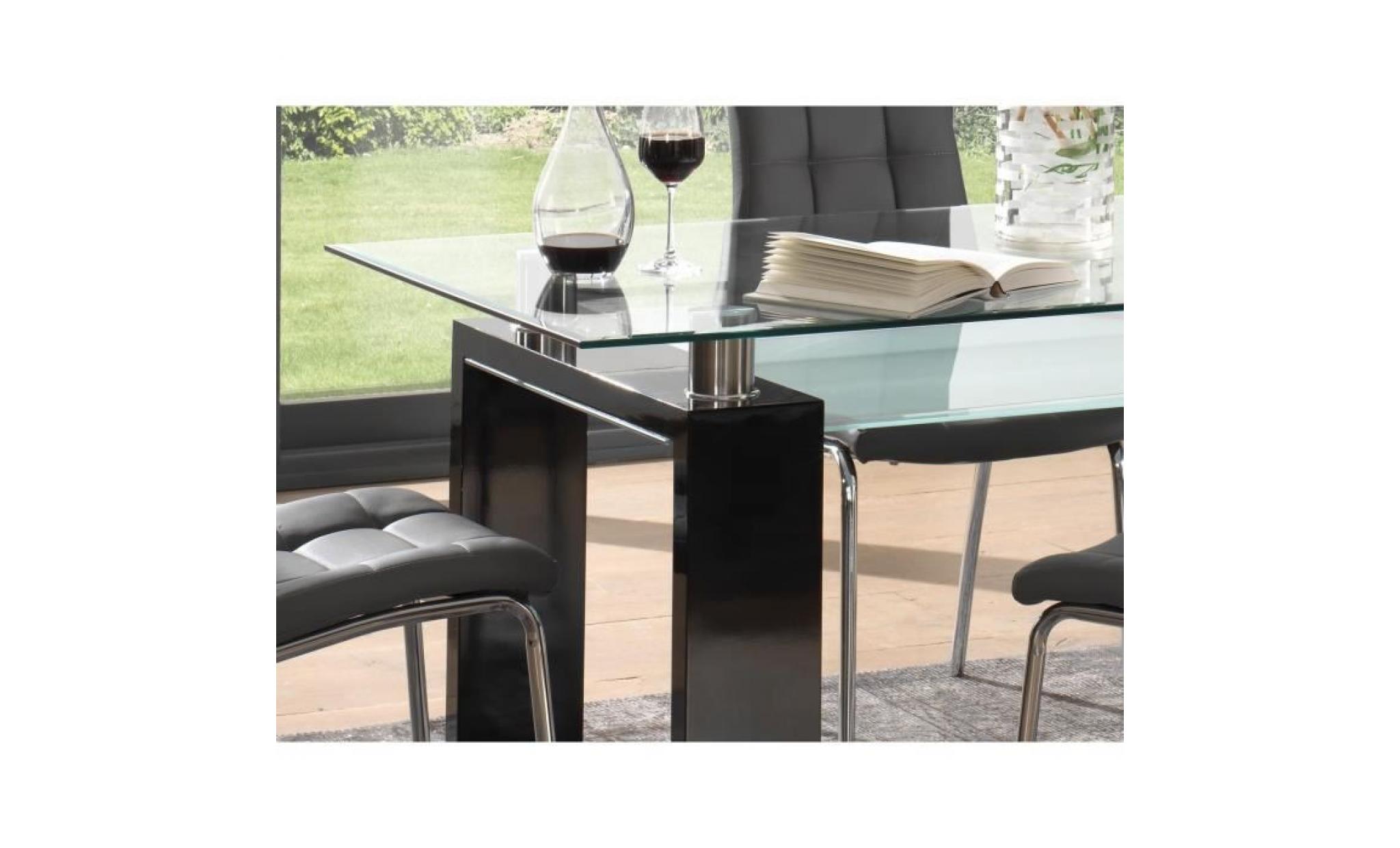 table de salle à manger noir laqué design piètement en bois mdf et plateau en verre trempé sécurit 160 cm x 80 cm collection pas cher