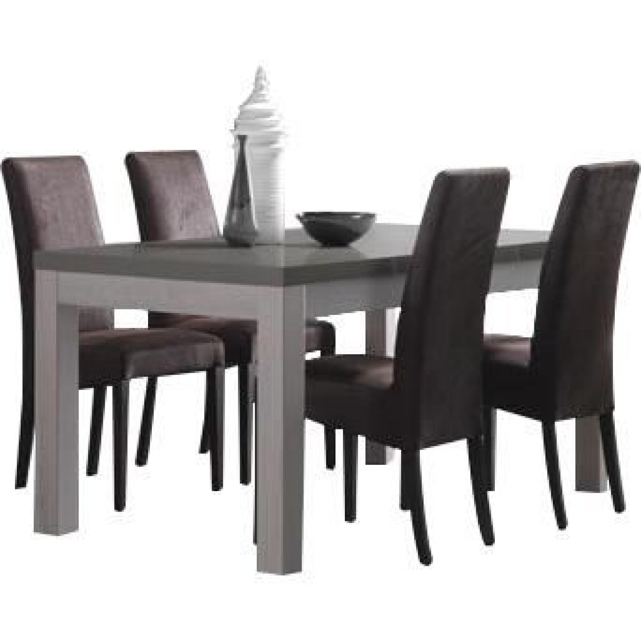 Table en bois et gris laqué 160 cm + 4 chaises en tissu brun foncé