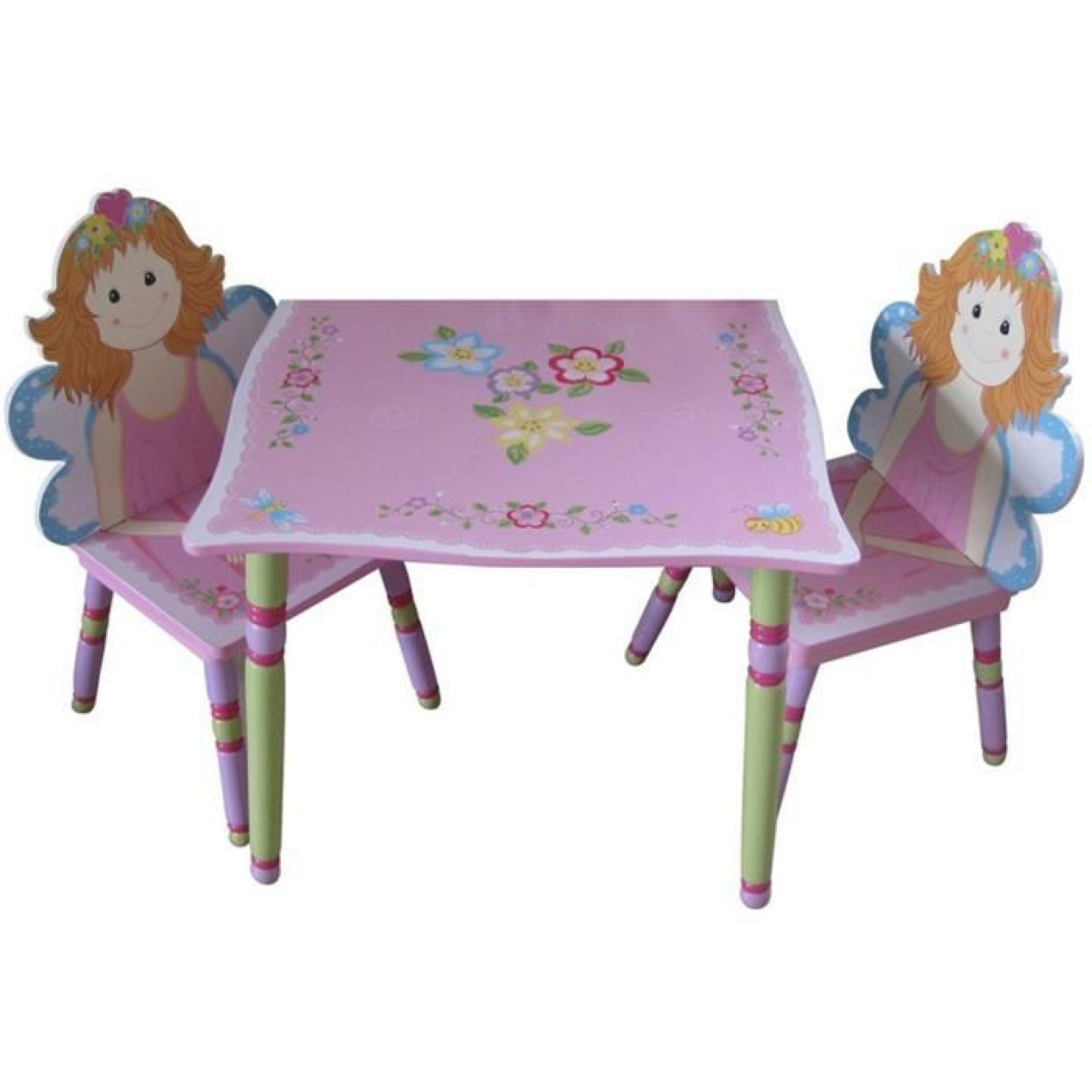 Table et chaises en bois motifs Fée et fleurs, Dim : L60 × P60 × H46 cm