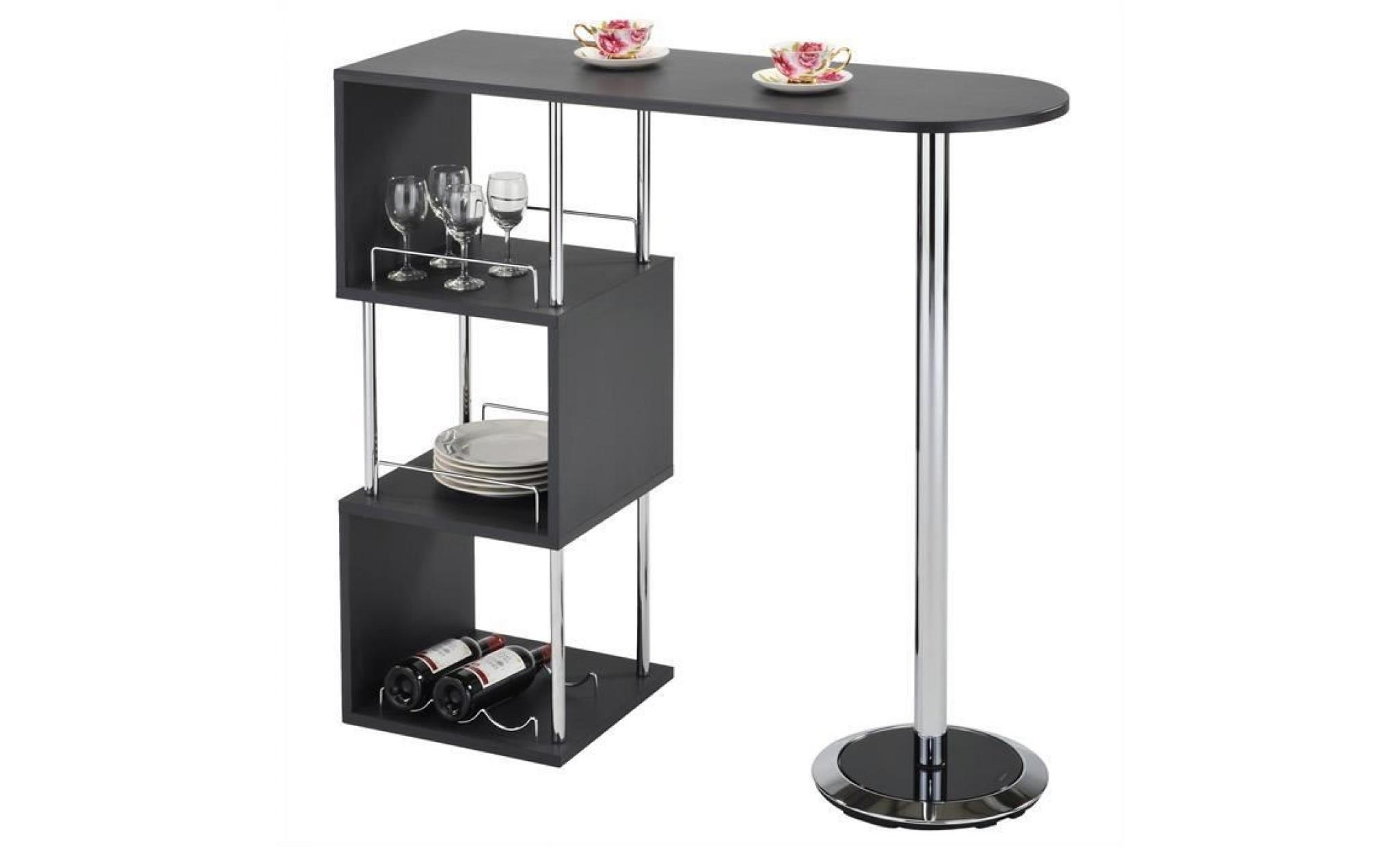 table haute de bar vigando mange debout comptoir avec 3 étagères dont 1 porte bouteilles, en métal chromé et plateau en mdf gris mat