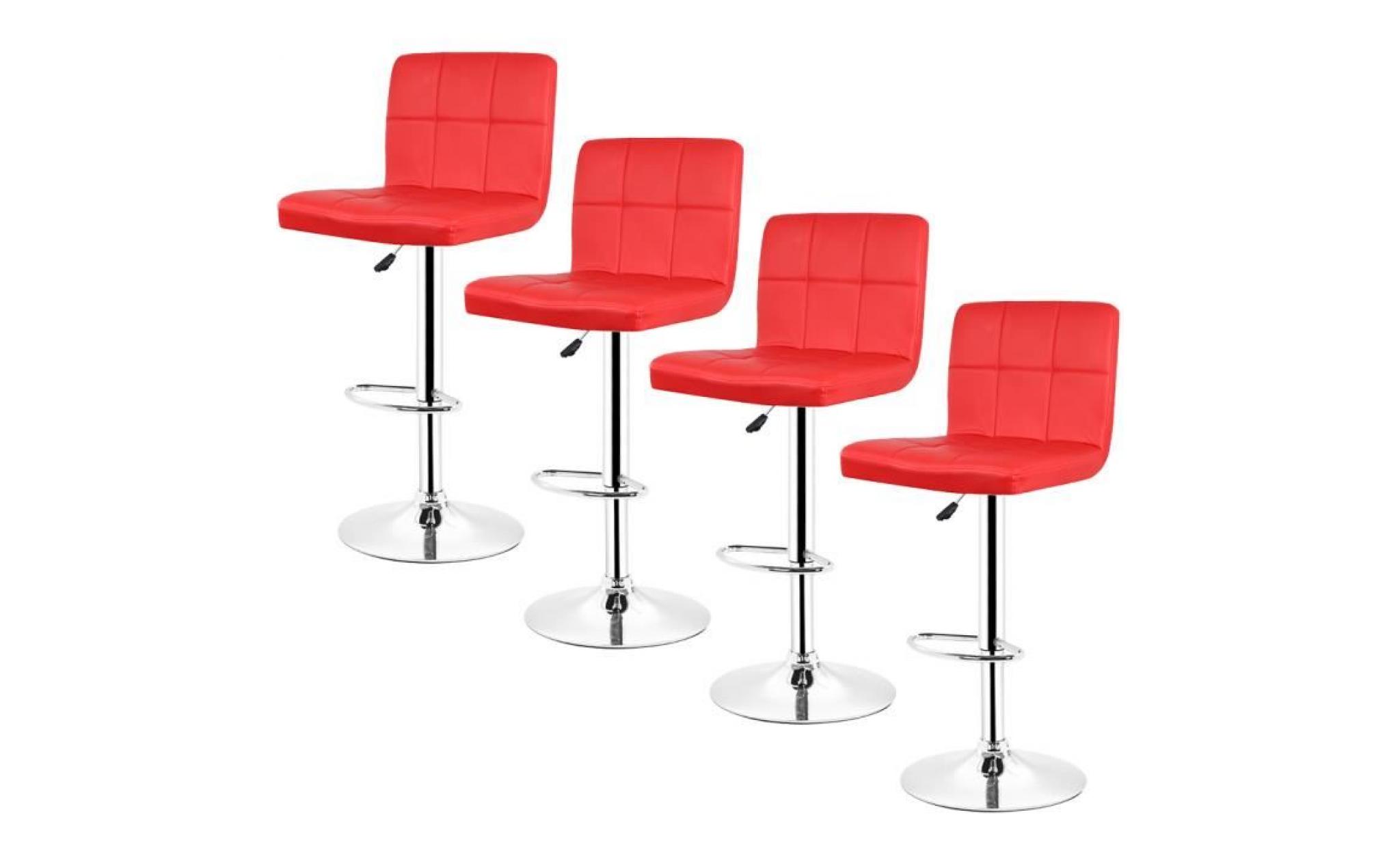 tabouret chaise de bar lot de 4 en simili cuir et métal réglable en hauteur rotatif rouge
