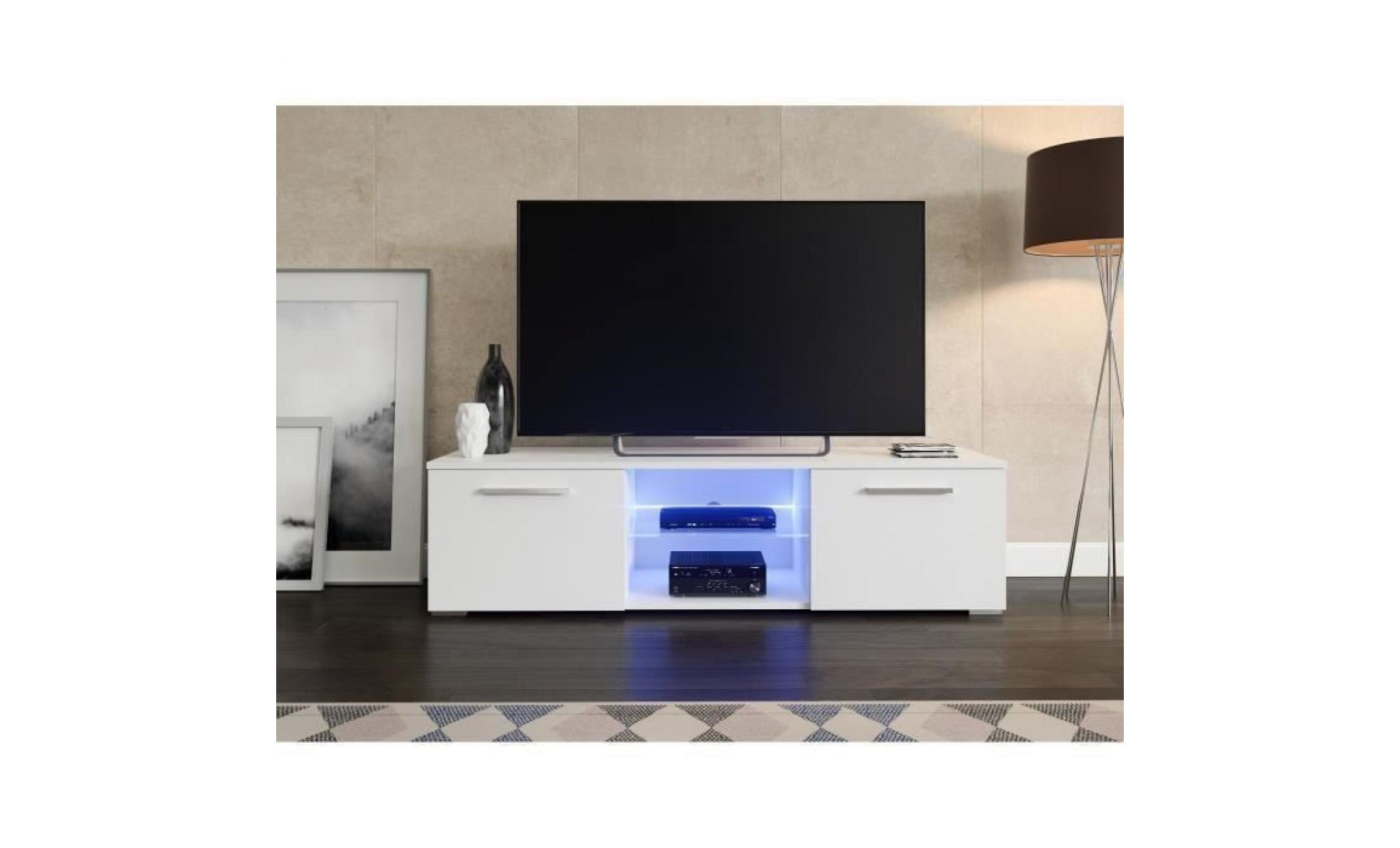 tenus meuble tv led contemporain   mélaminé blanc et gris brillant   l 140 cm pas cher