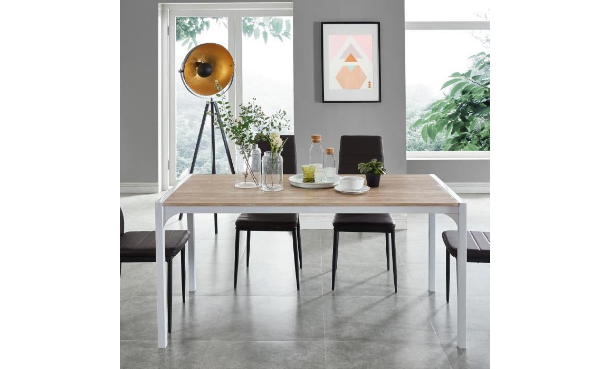 texas table à manger de 6 à 8 personnes style industriel décor chêne + pieds en métal blanc laqué   l 160 x l 90 cm
