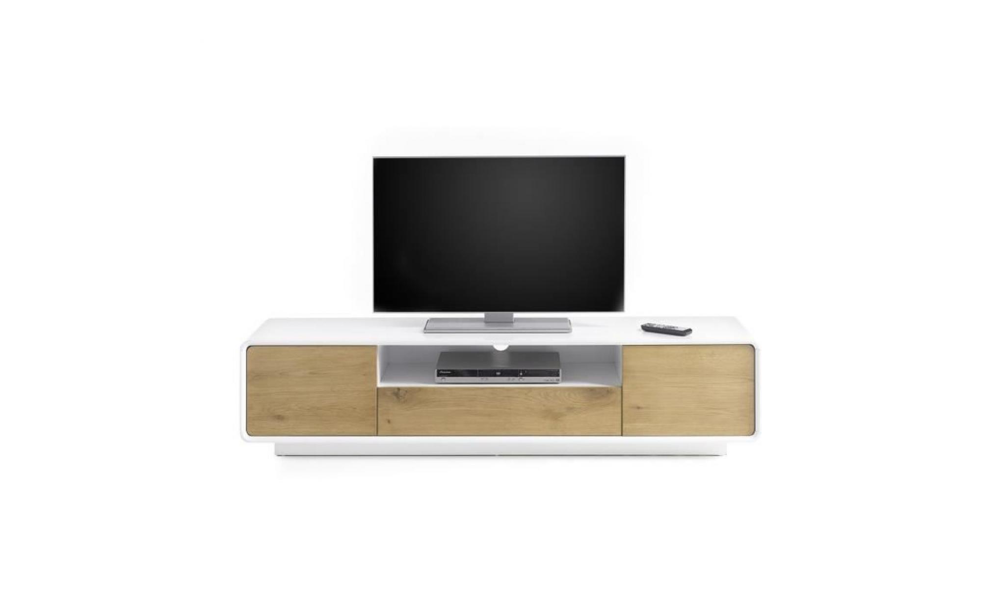 toulon meuble tv contemporain en mdf laqué blanc mat et bois chêne massif huilé   l 170 cm