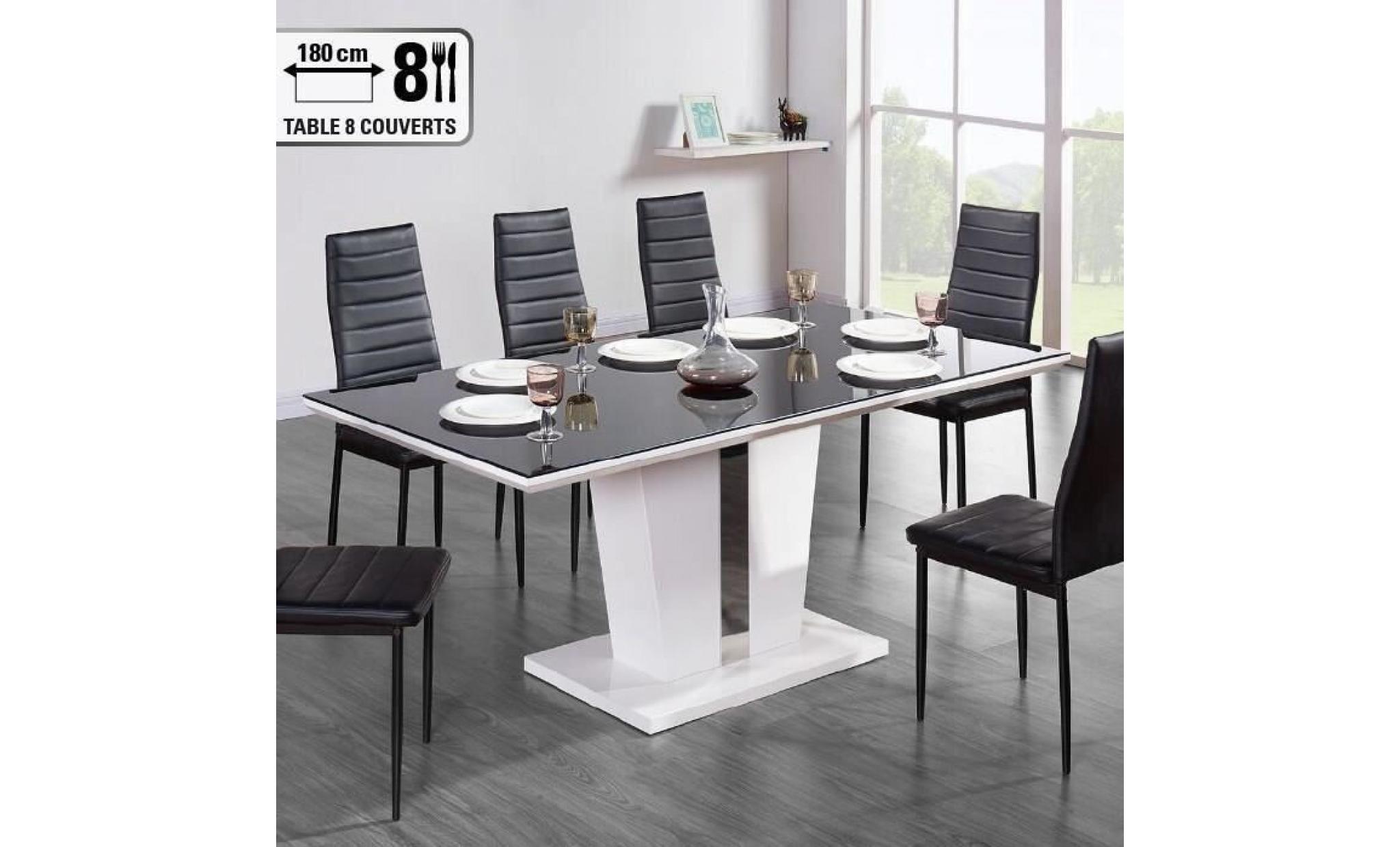 trevise table à manger 8 personnes contemporain   laqué blanc brillant + plateau de verre trempé noir   l 180 x l 90 cm pas cher