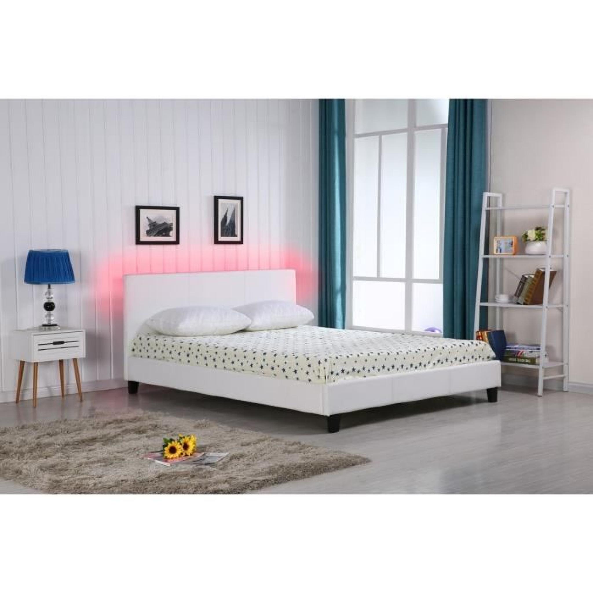 VEGAS Lit LED adulte blanc 160x200cm + sommier + tête de lit avec éclairage LED
