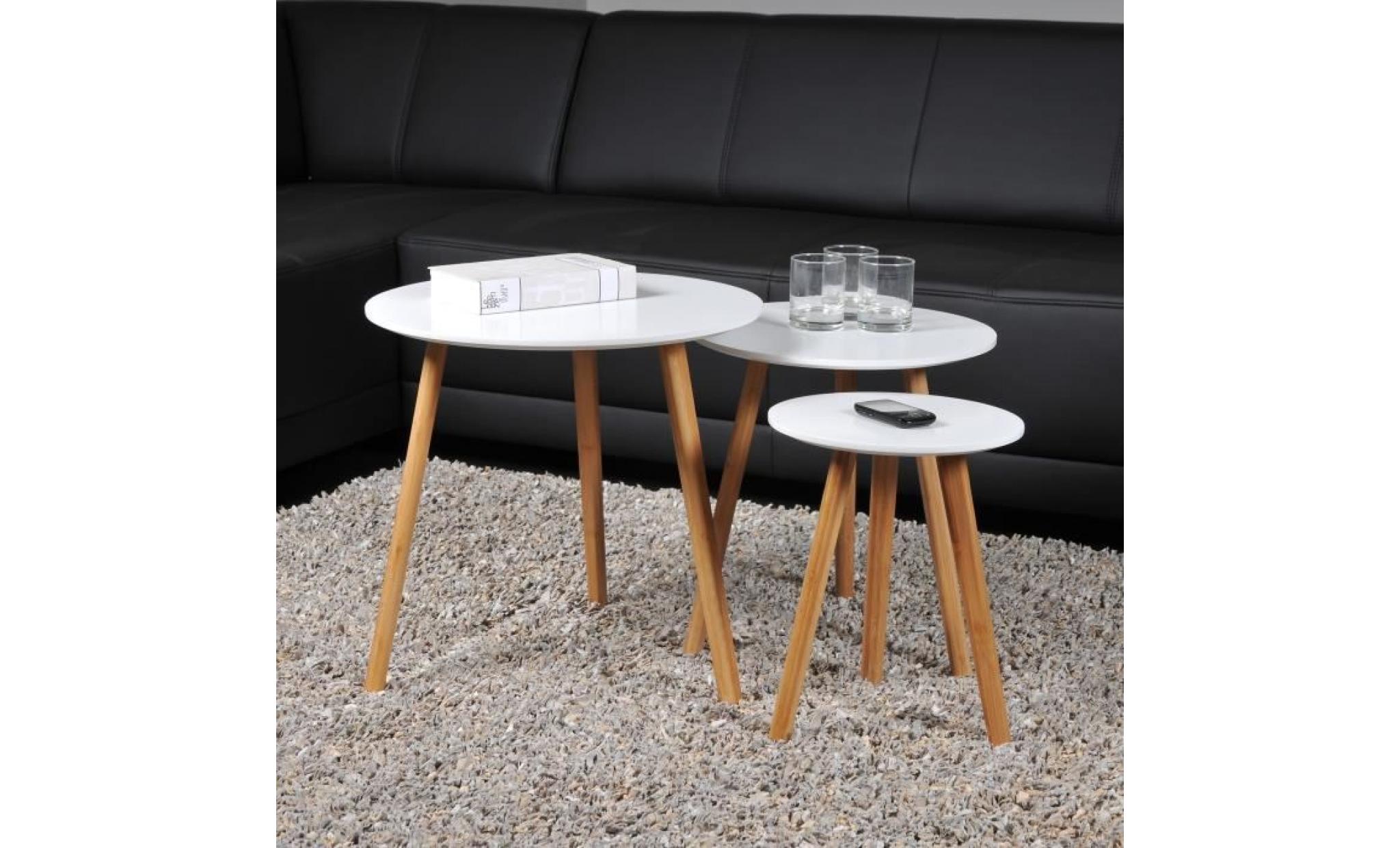 venus 3 tables gigognes rondes scandinave blanc laqué avec pieds en bois massif   l 50 x l 50 cm   l 40 x l 40 cm et l 30 x l 30 cm pas cher