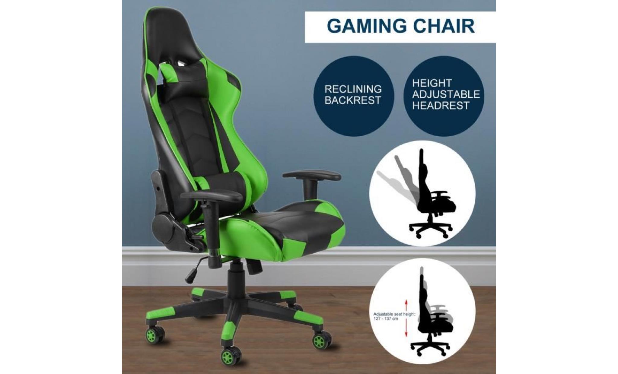 vert gamer fauteuil chaise de jeu pivotante faux cuir hauteur réglable de bureau maison confortable