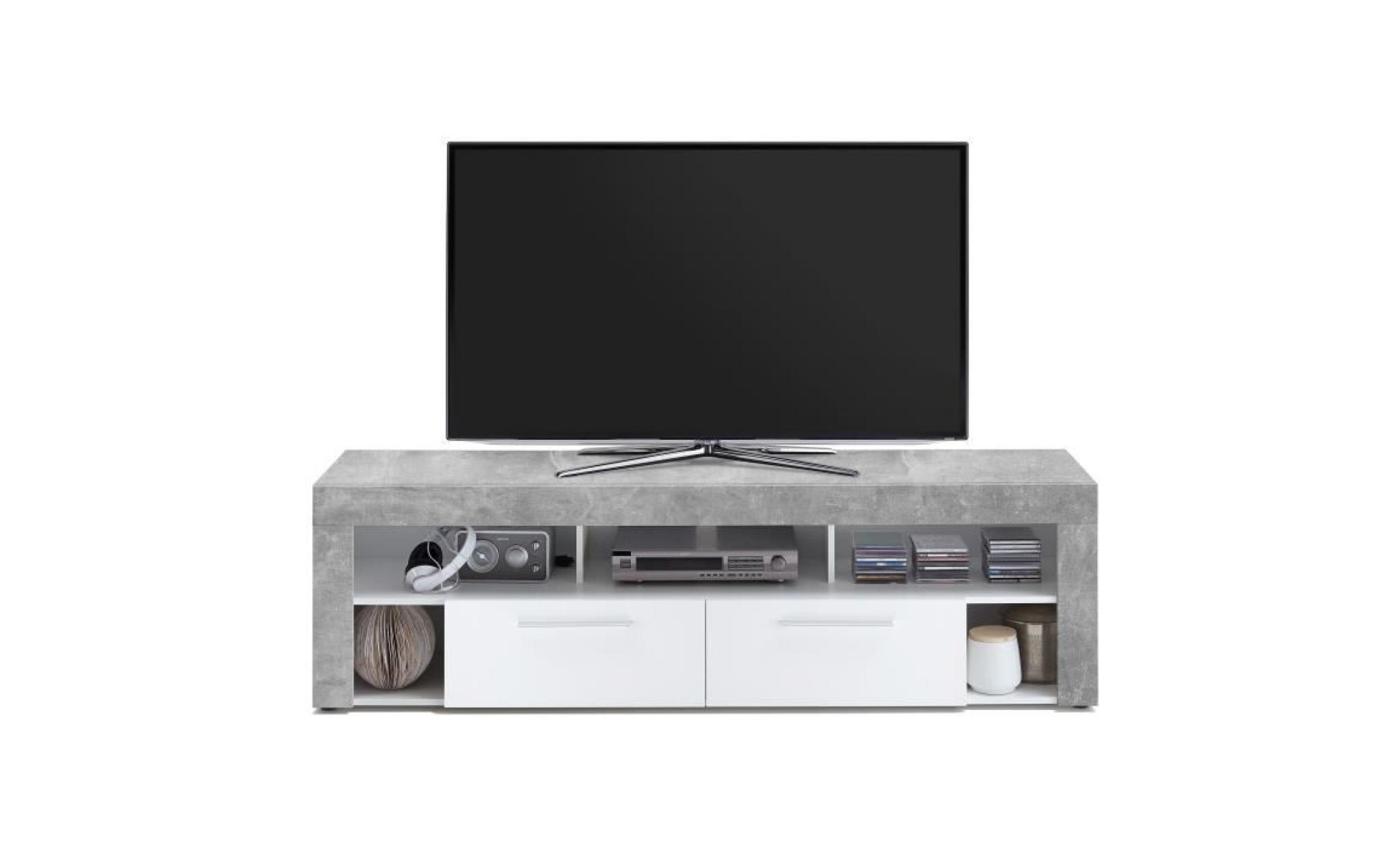 vibio meuble tv contemporain mélaminé décor gris effet béton et blanc   l 180 cm