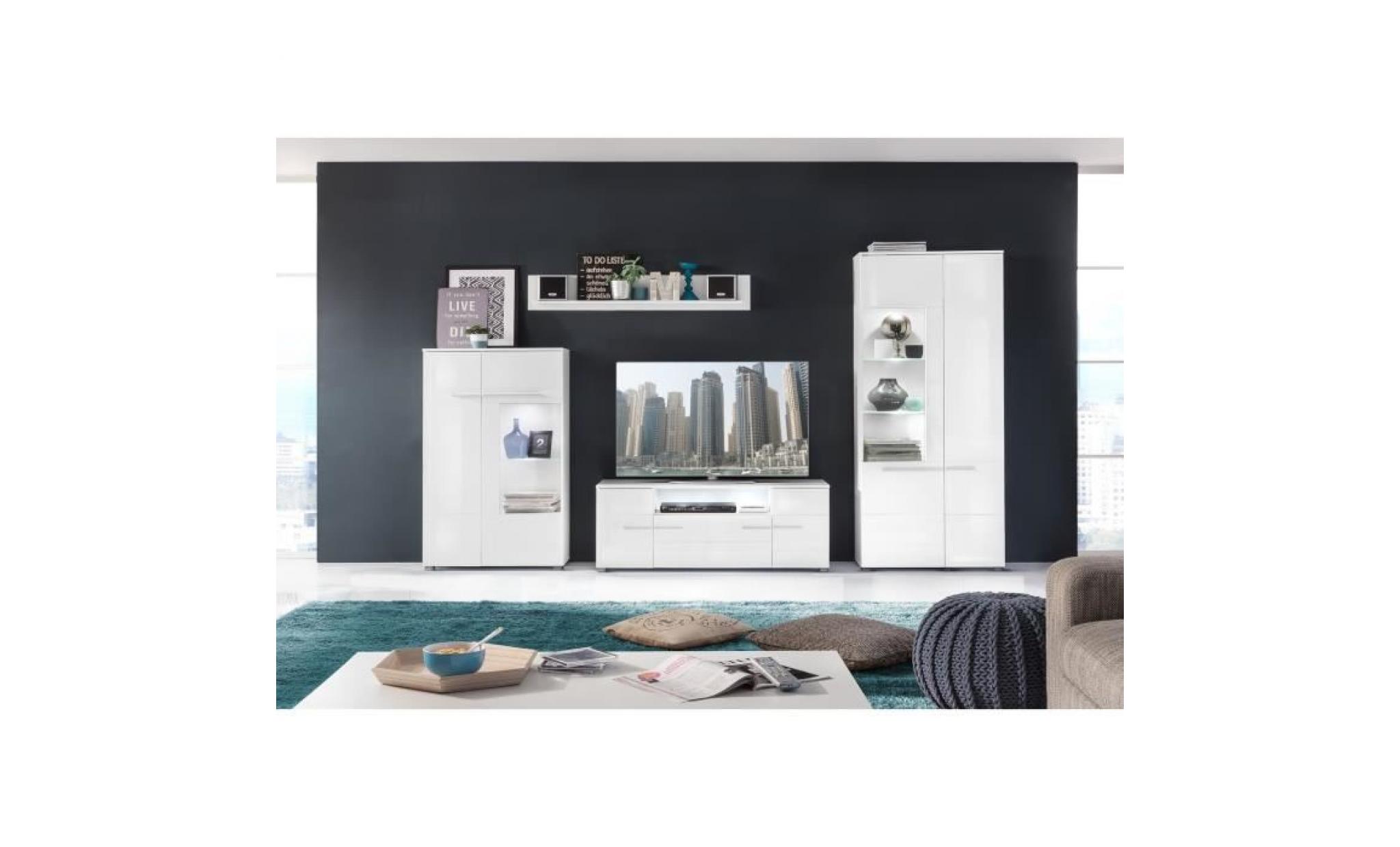 vision meuble tv mural avec led contemporain blanc mat et blanc brillant   l 321 cm