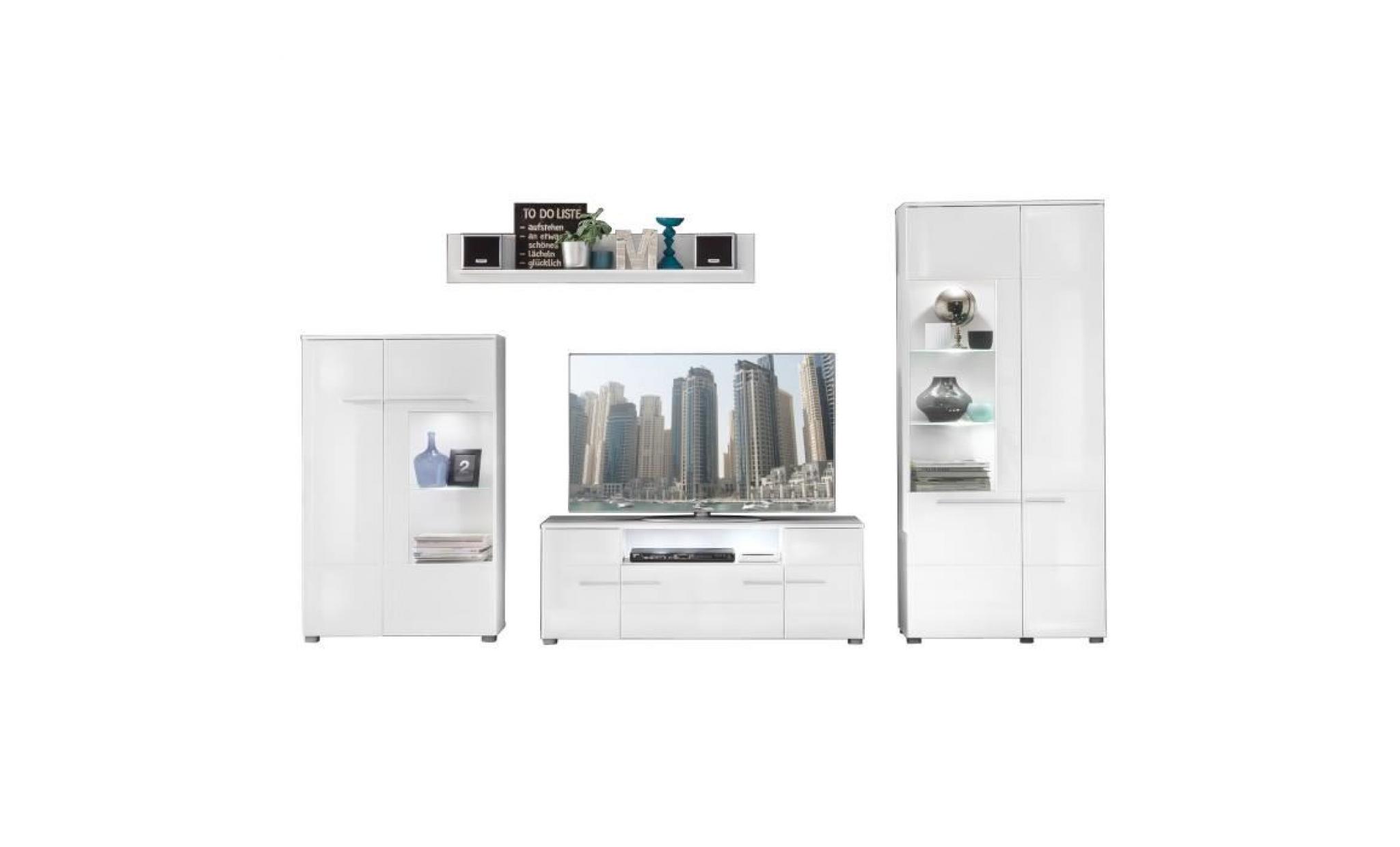 vision meuble tv mural avec led contemporain blanc mat et blanc brillant   l 321 cm pas cher