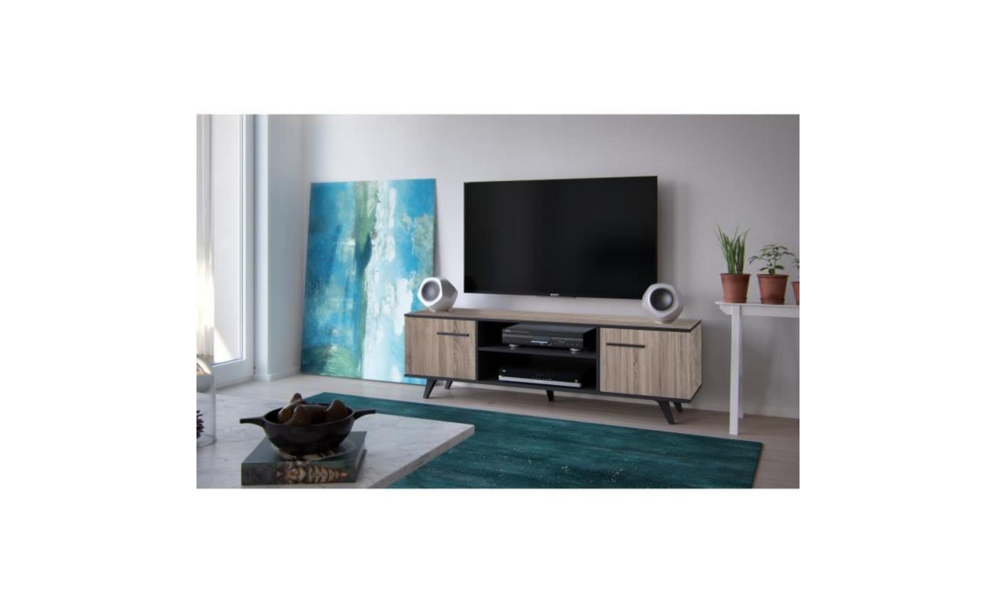 wayne meuble tv   contemporain   décor chêne brossé et noir mat   l 151,4 cm pas cher