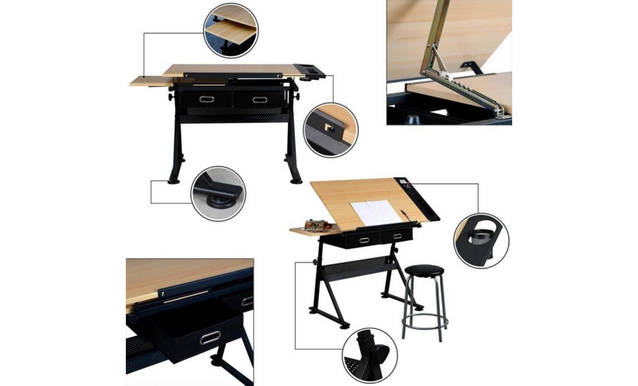 yaheetech table à dessin avec plateau d'extension inclinable, 2 grands tiroirs et tabouret art et artisanat enfant adulte pas cher